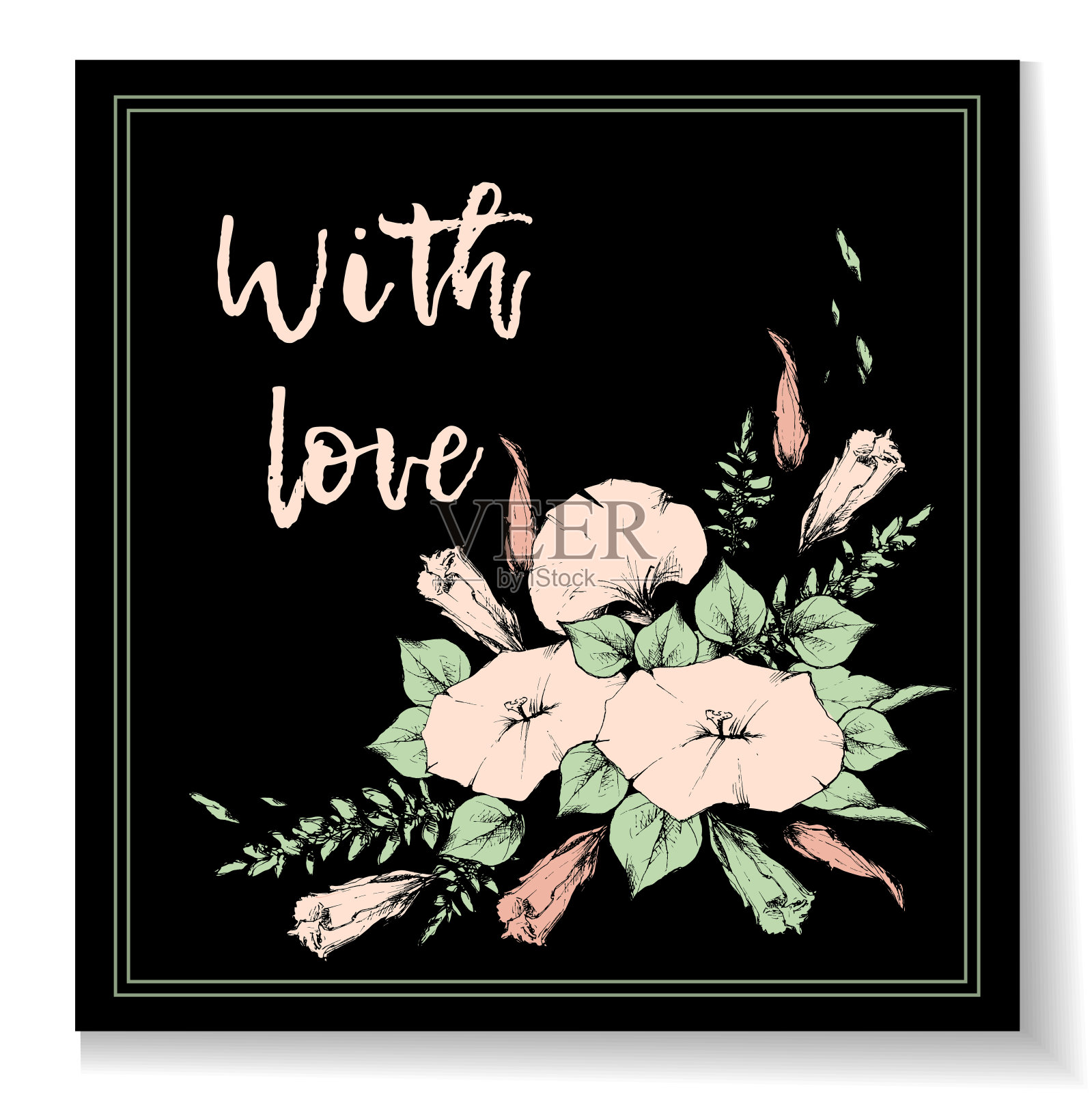 带有旋花的复古明信片、卡片或名片。手绘。插画图片素材