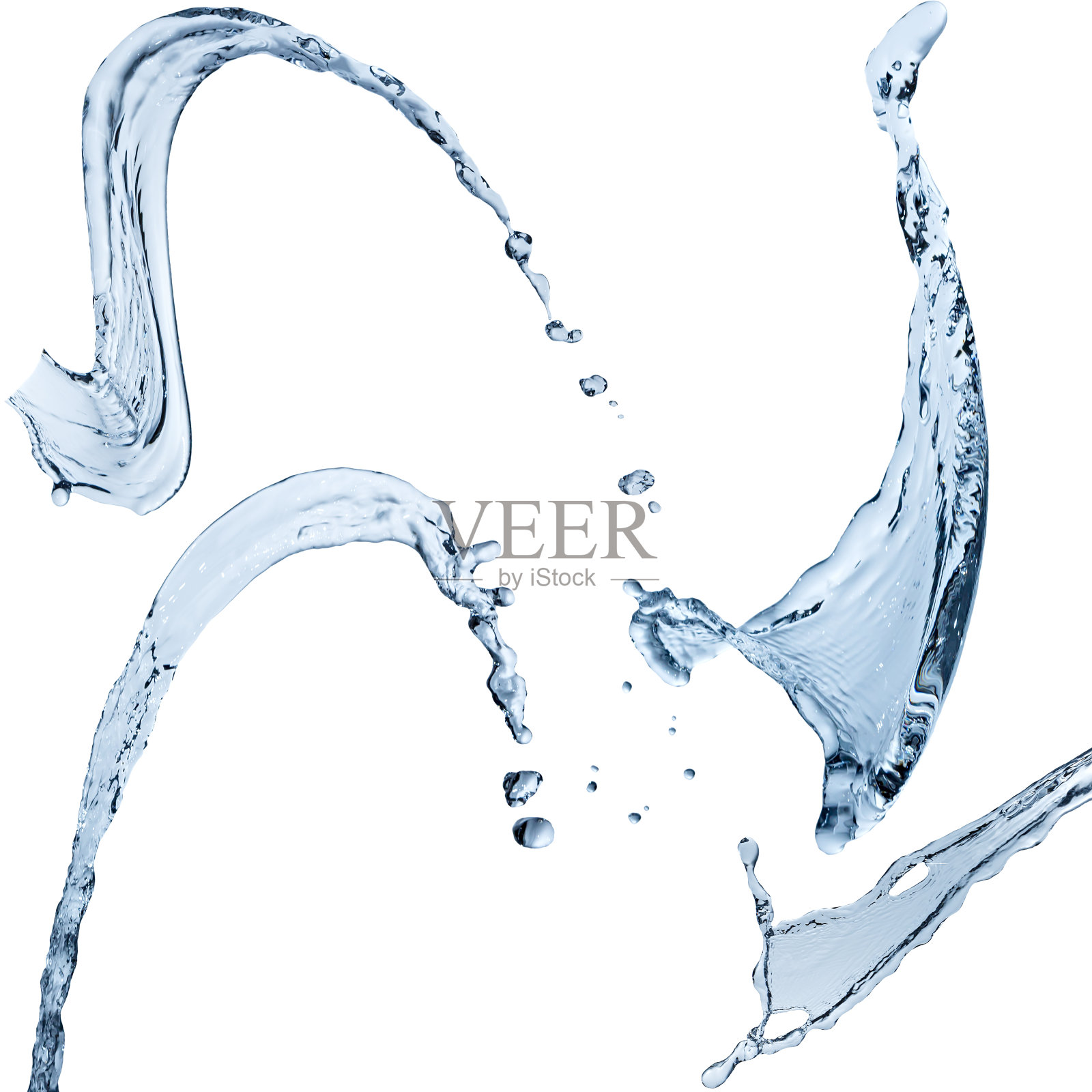 一组水飞溅抽象形式孤立在白色背景。照片摄影图片
