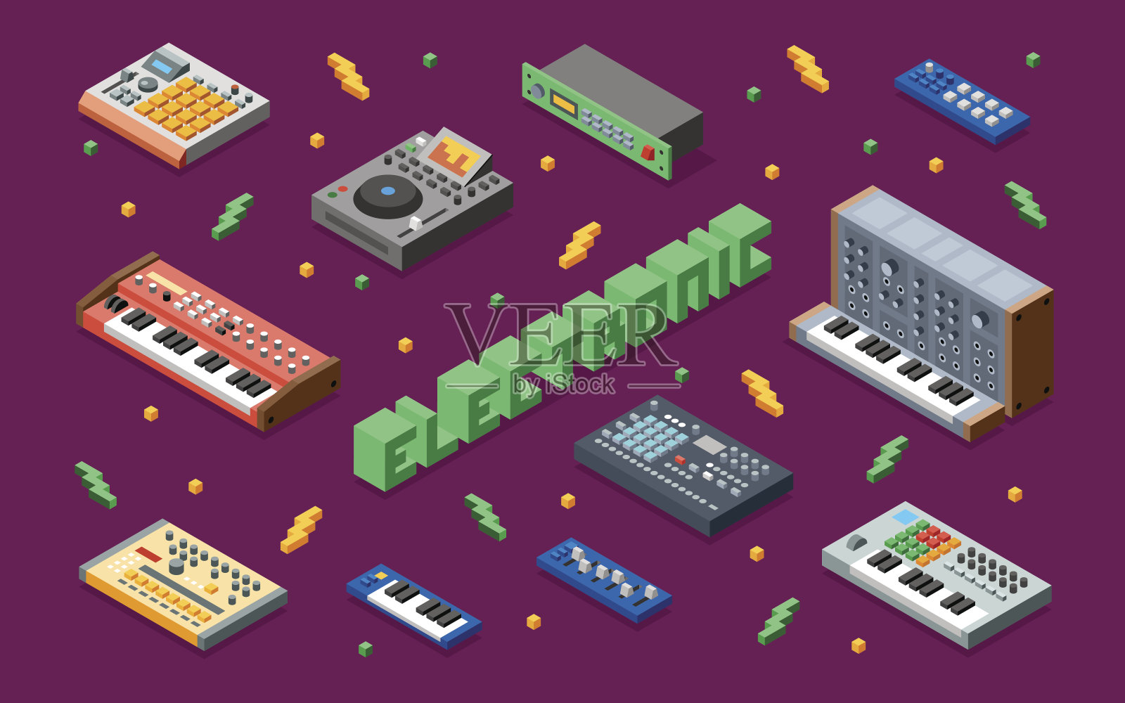 电子音乐合成器仪器三维等距图。低聚平面设计。插画图片素材