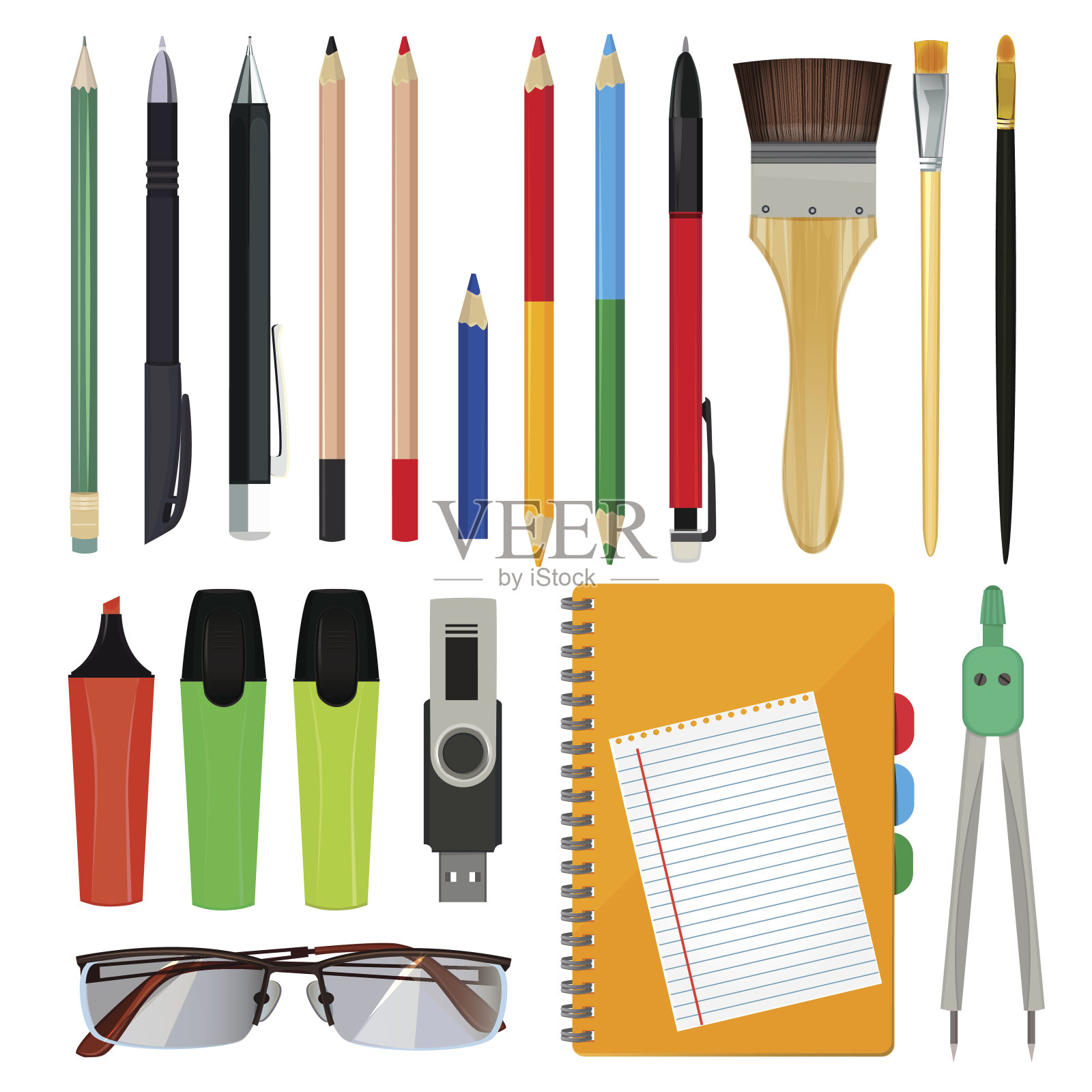 办公文具或学校设备。画笔和纸，文件夹和铅笔的矢量插图插画图片素材