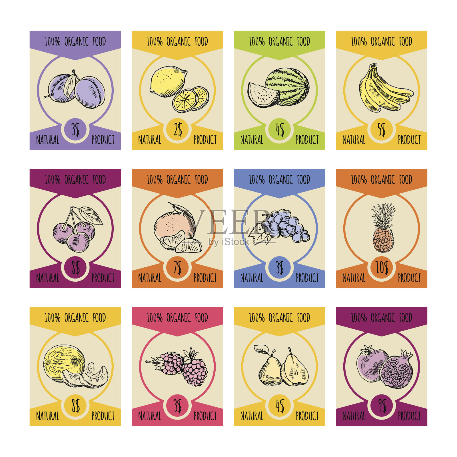 价格卡与不同的水果插图在手绘风格。农民的照片插画图片素材