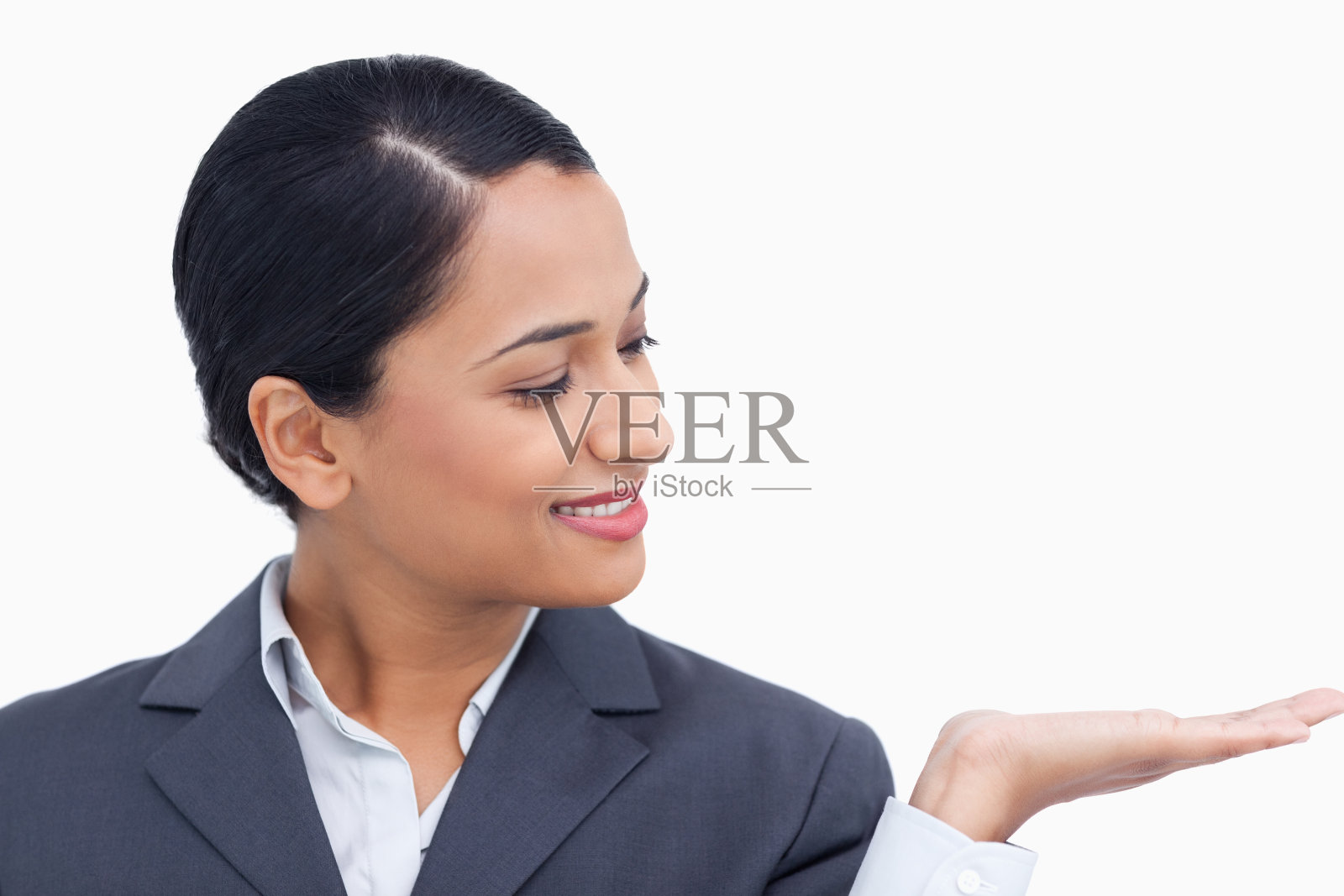 近距离看她的手掌的女售货员照片摄影图片