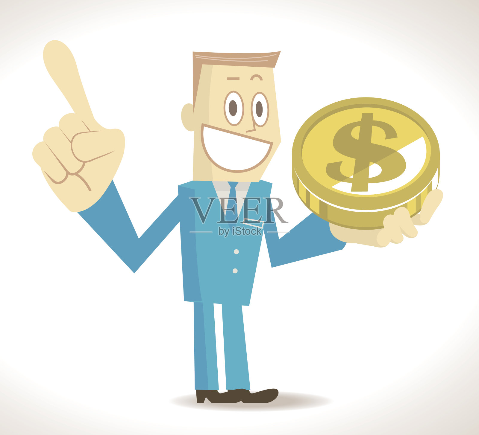 微笑的商人展示一个金元符号硬币(钱)，并做一个展示，用食指向上指插画图片素材