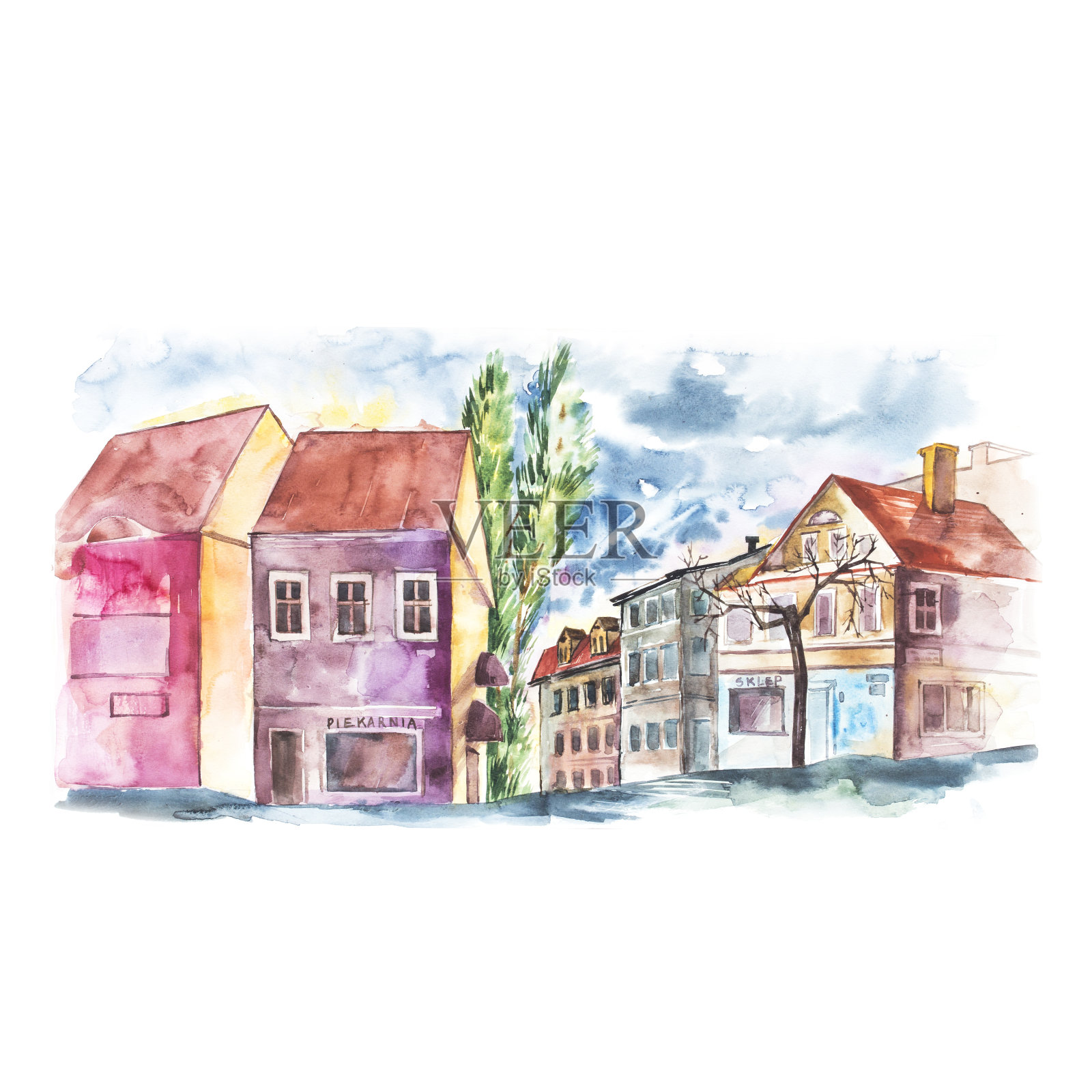 在波兰，绿色的格拉在夏天的时间，蓝天，云彩，绿色的林间空地与灌木和树木。手绘自然欧洲背景。插画图片素材