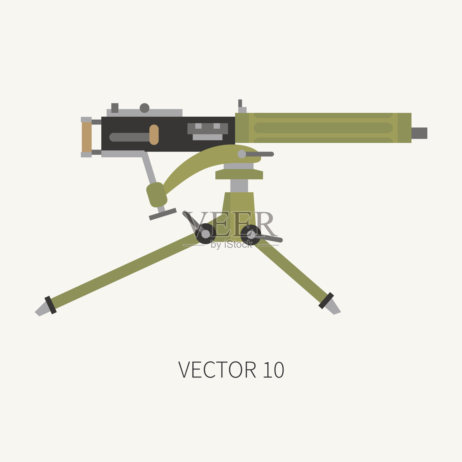 彩色平平矢量军标机关枪。陆军装备和武器装备。复古传奇武器。卡通风格。攻击。士兵。战争。插图和元素为您的设计和墙纸。插画图片素材