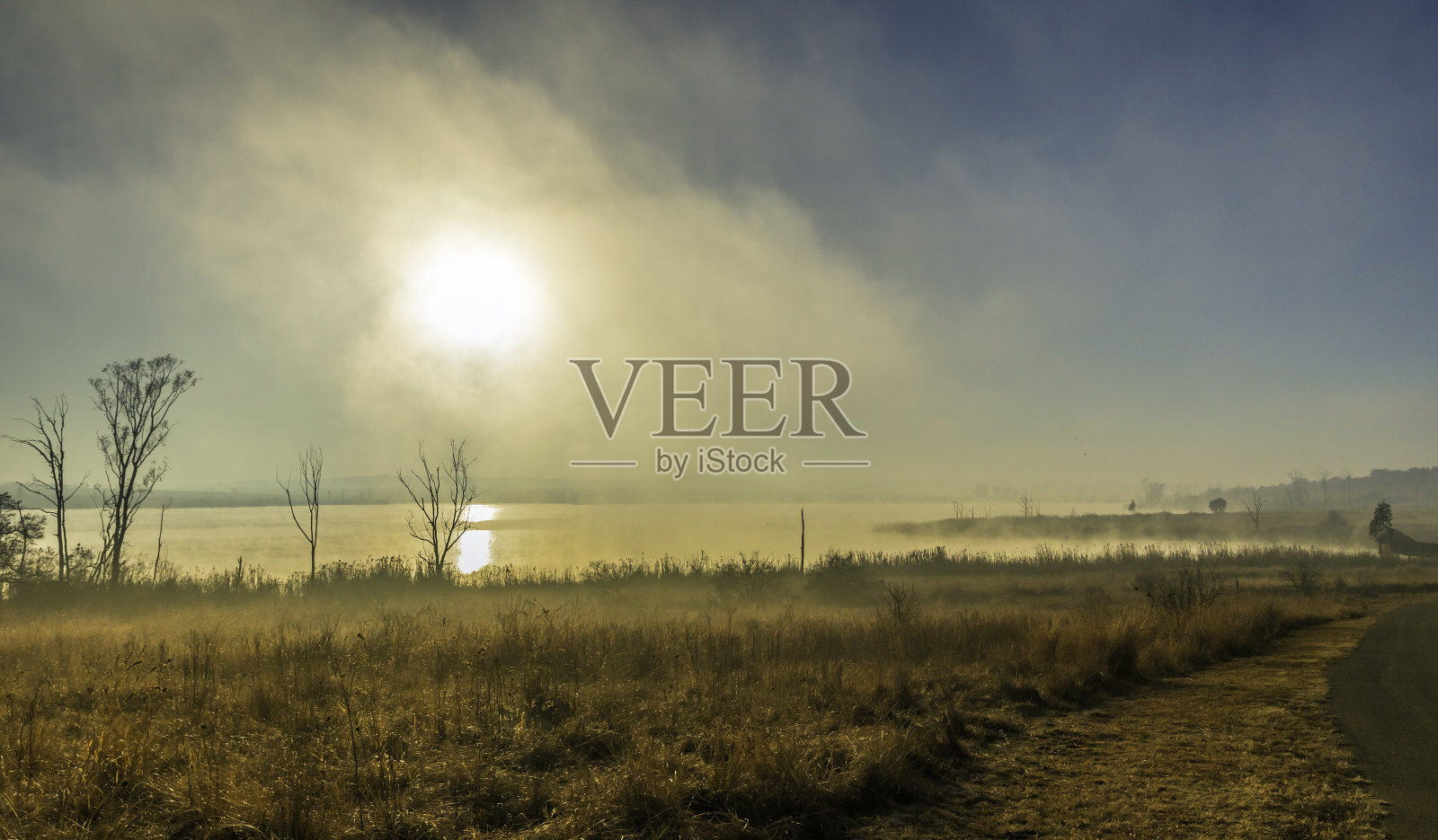 清晨薄雾从湖面升起照片摄影图片