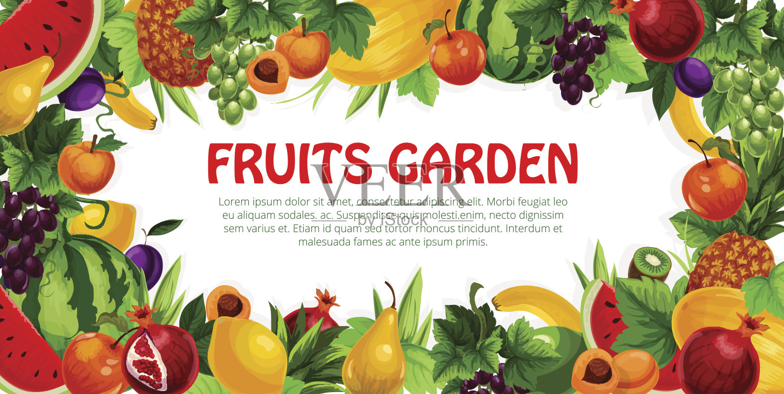 水果和浆果框架与树叶海报设计设计模板素材