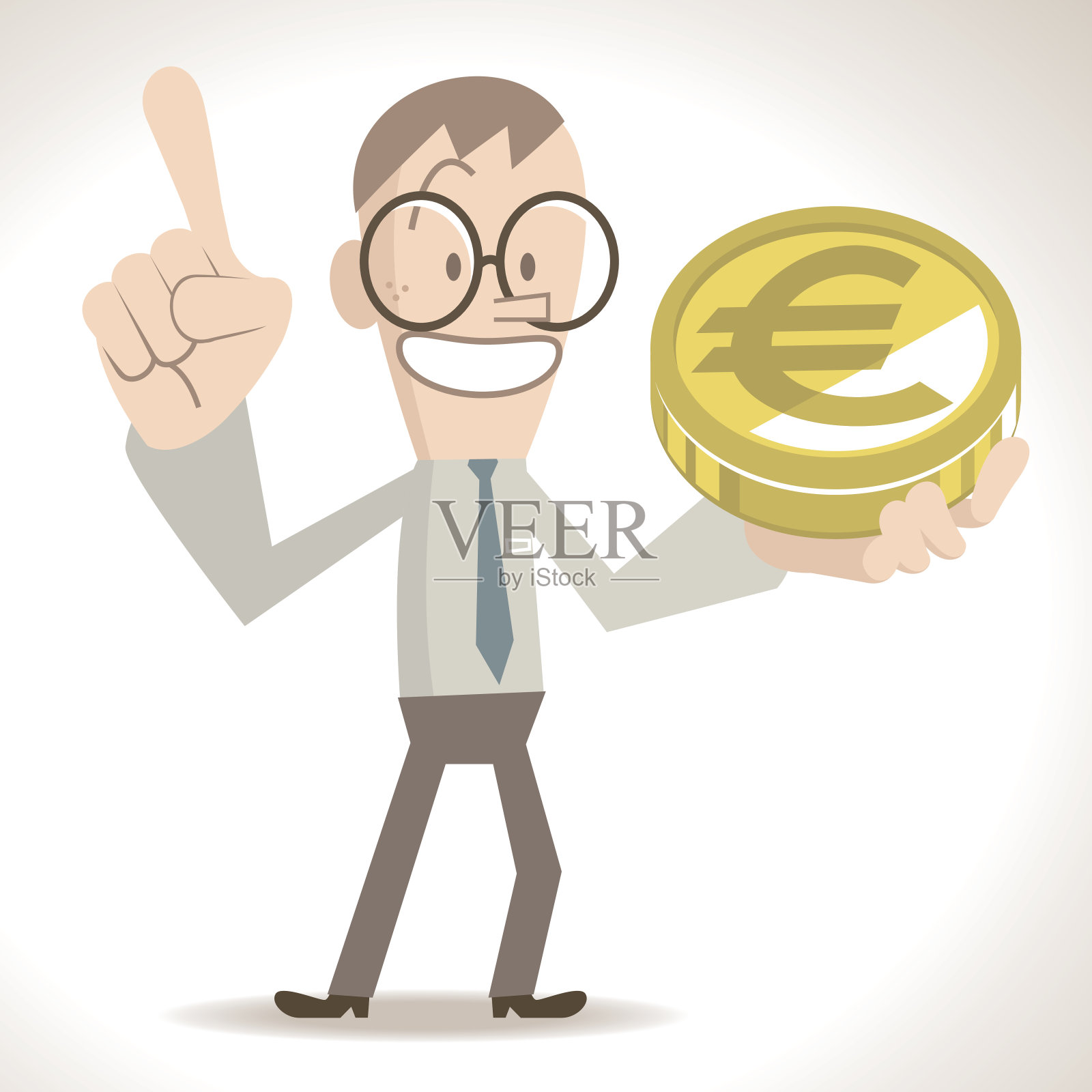 商人微笑着展示一枚欧元金币(钱)，并做一个演示，用食指向上指，估价概念插画图片素材