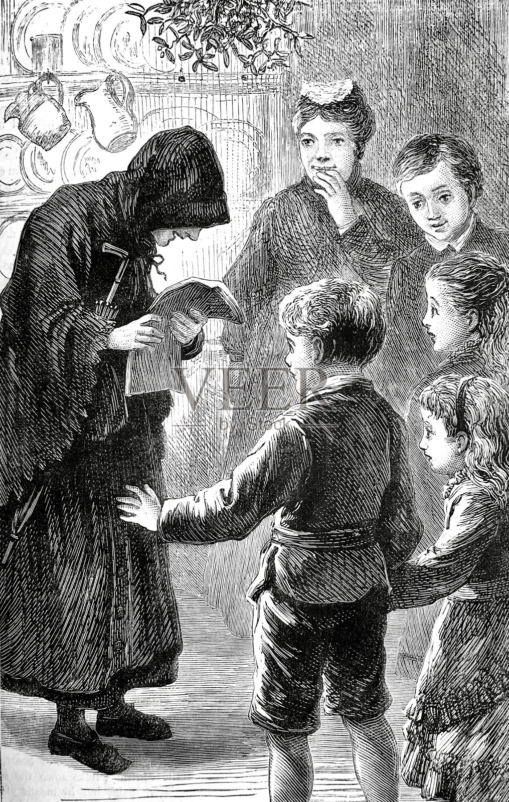 老婆婆和孩子们在唱颂歌插画图片素材