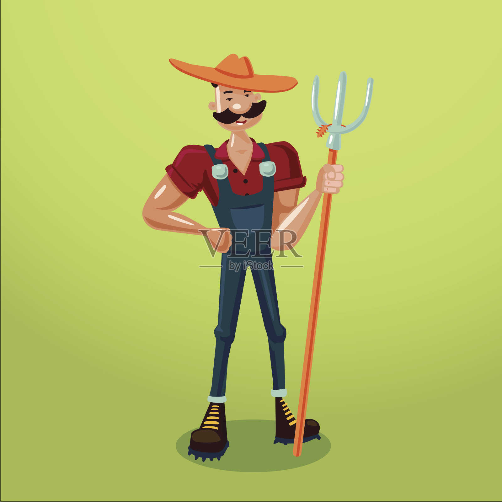 拿着干草叉的农夫。孤立的卡通人物。国家工作人员。设计元素图片