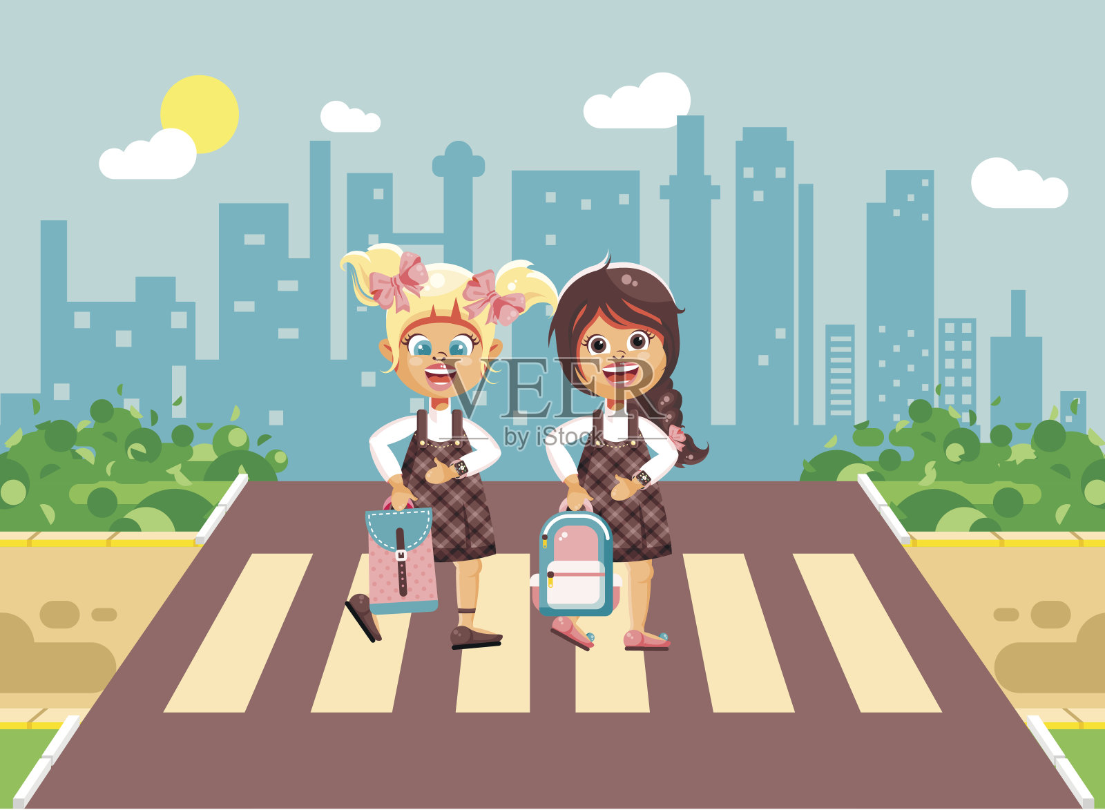 矢量插画卡通人物儿童，遵守交通规则，女生女生，同学小学生去道路步行区过马路，以城市为背景，回到学校平铺风格插画图片素材