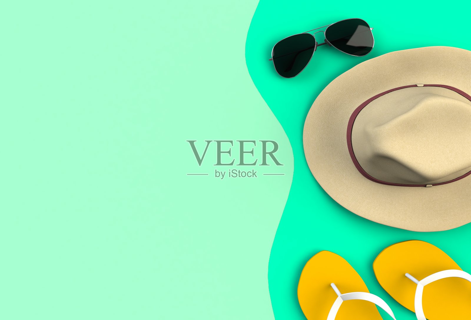 海滩配件在蓝色地板，夏季度假概念，3D渲染照片摄影图片