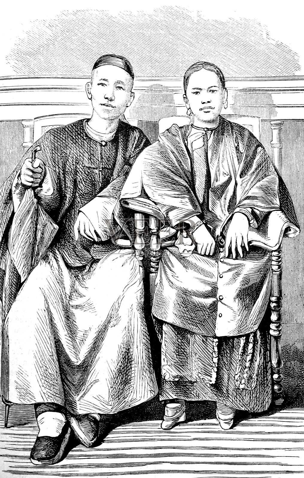 中国夫妇肖像坐在椅子上，全身插画图片素材