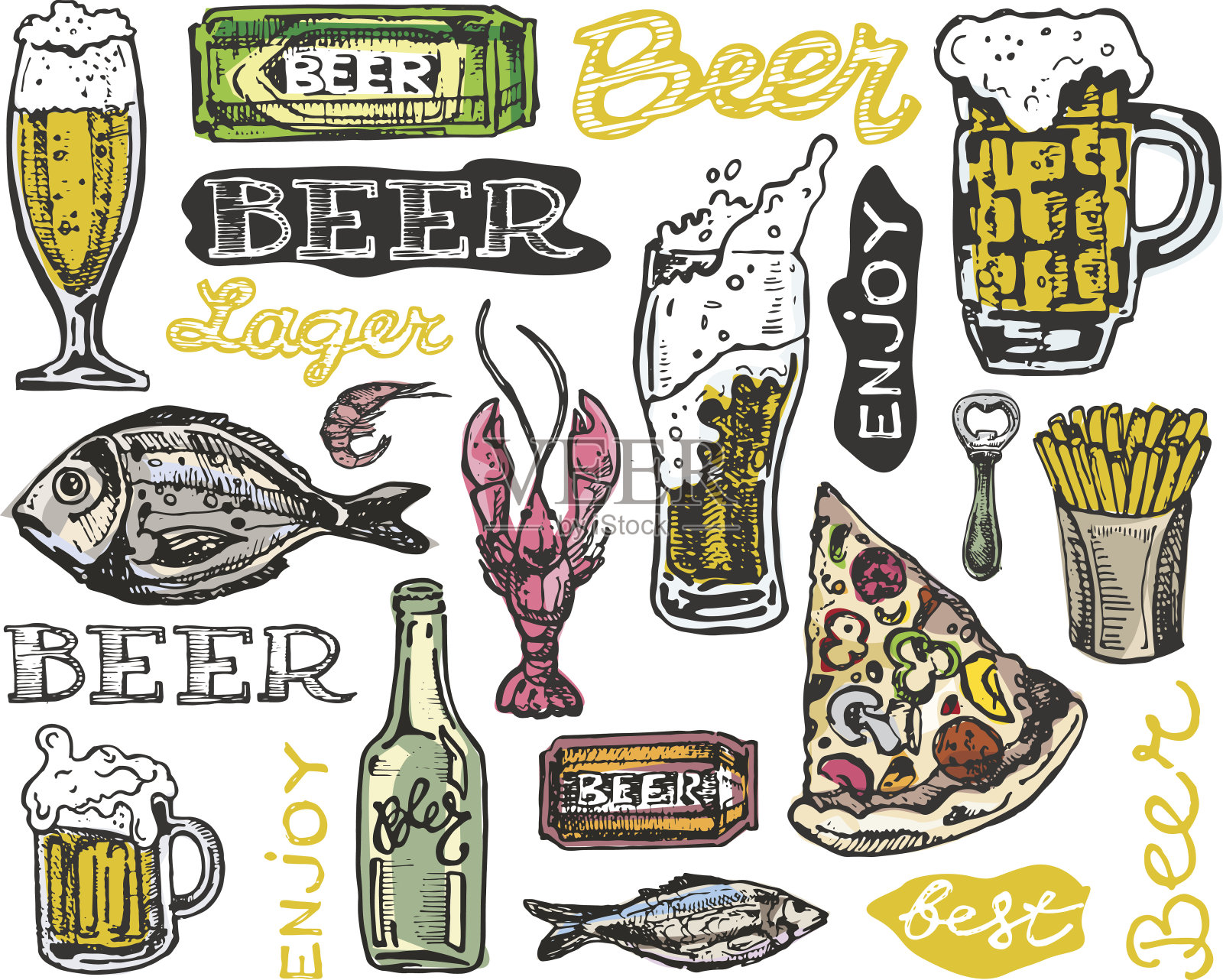 手绘涂鸦啤酒，啤酒节插画图片素材