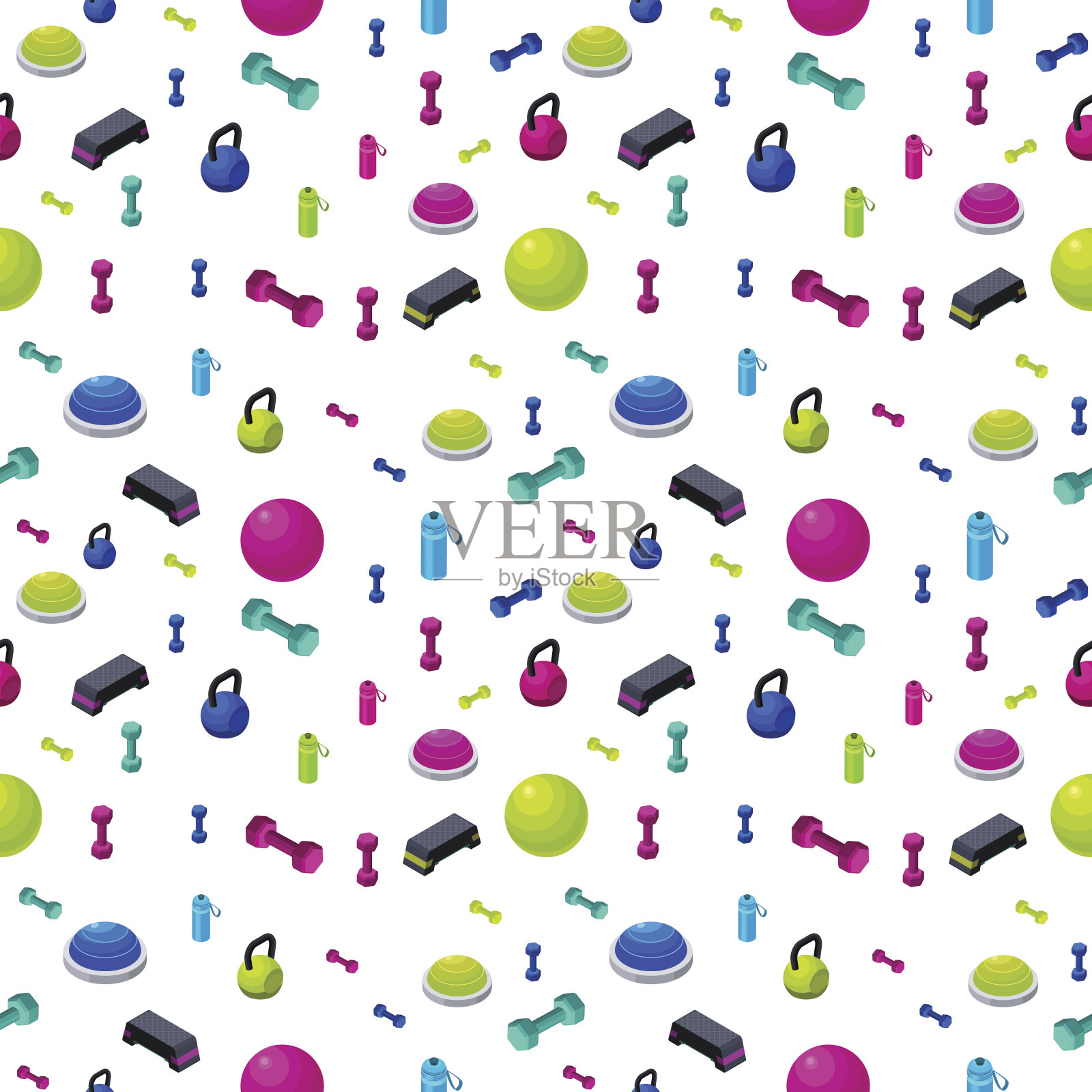 等距健身无缝模式与一套运动设备图标，彩色背景与哑铃，台阶平台，适合球，半球，健身配件收集，矢量插图插画图片素材