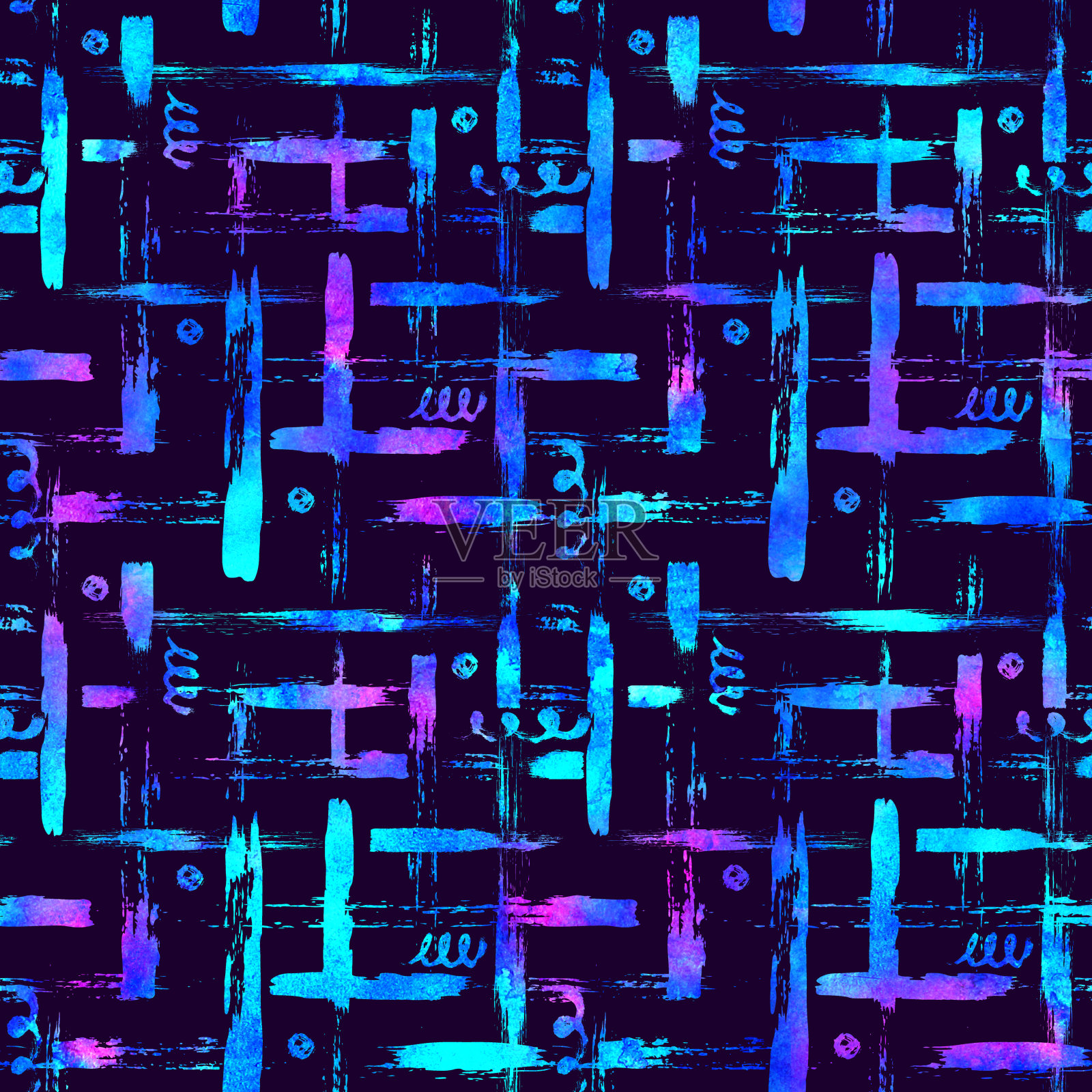 无缝图案刷条纹格子。紫色背景上的蓝色。手绘的田庄纹理。墨水的几何元素。时尚现代风格。无尽的幻想格子织物印花。水彩插画图片素材
