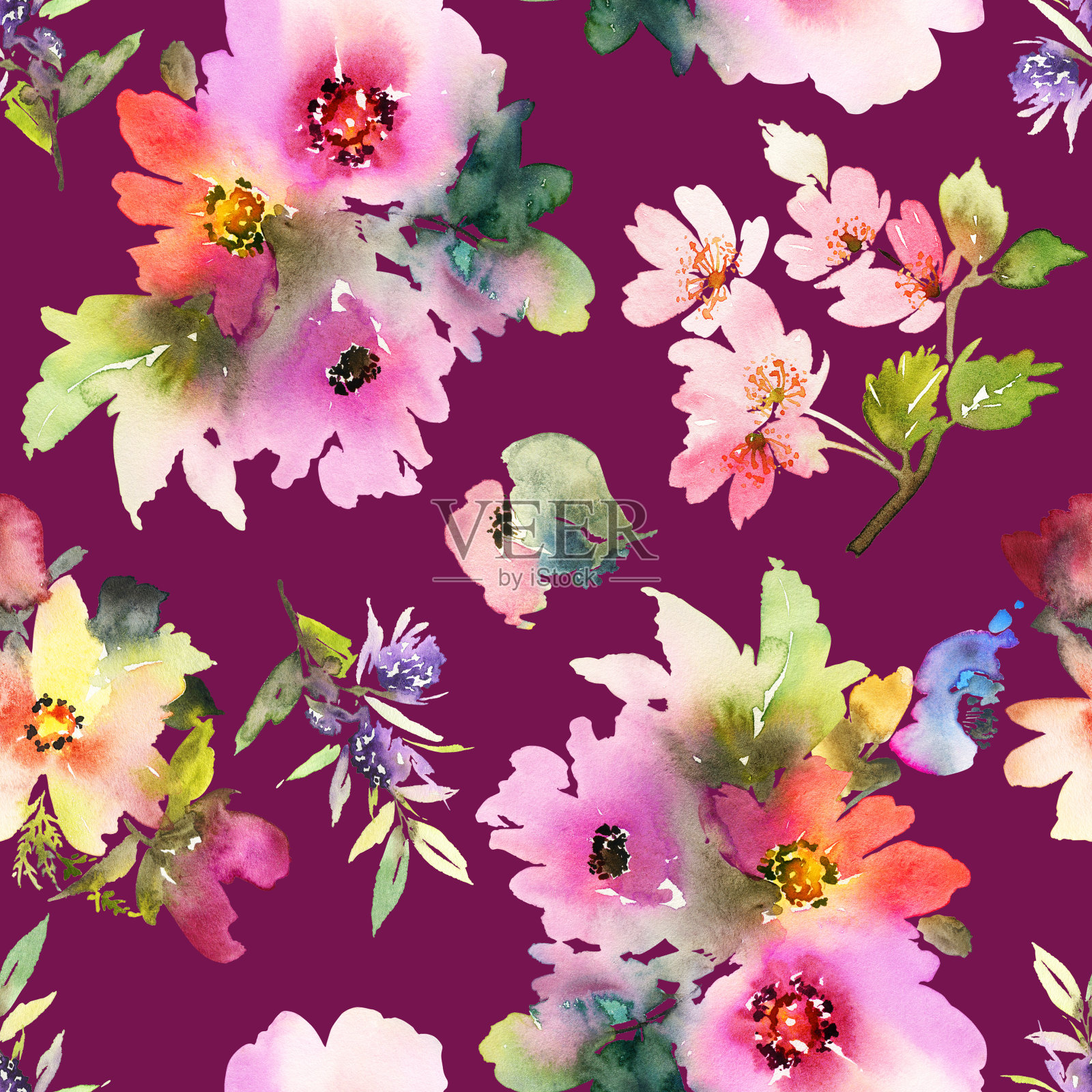 无缝夏季图案与水彩花手工制作插画图片素材