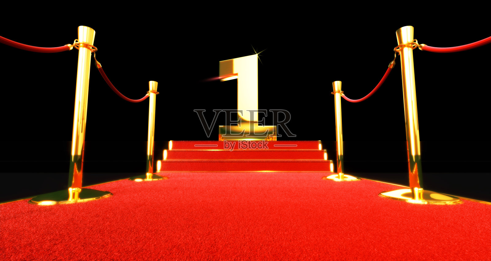 绳子护栏之间铺着长长的红地毯，楼梯尽头是一号。第一个。1日。黑色背景照片摄影图片