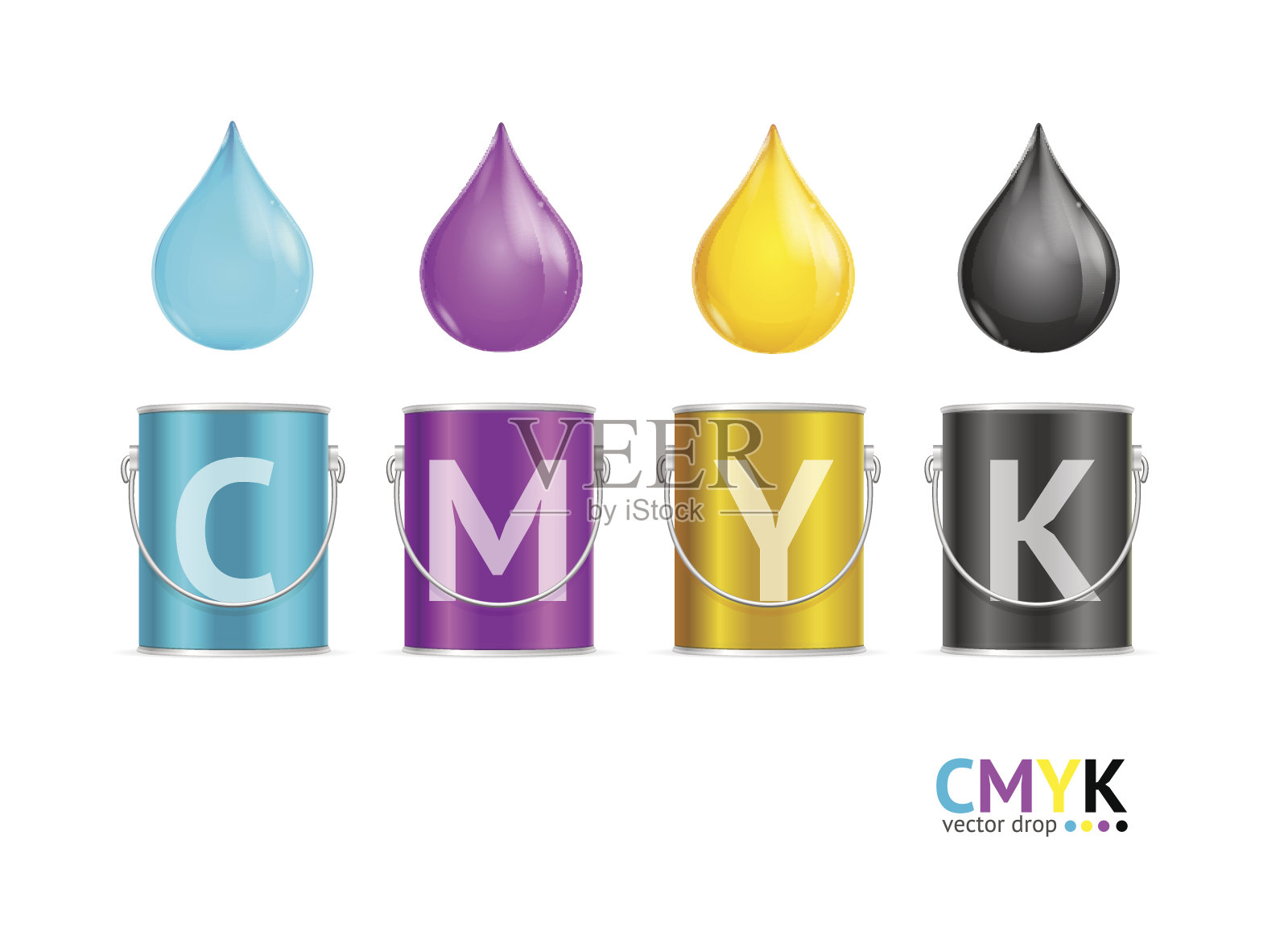 现实的颜色金属可以桶和下降设置。向量插画图片素材