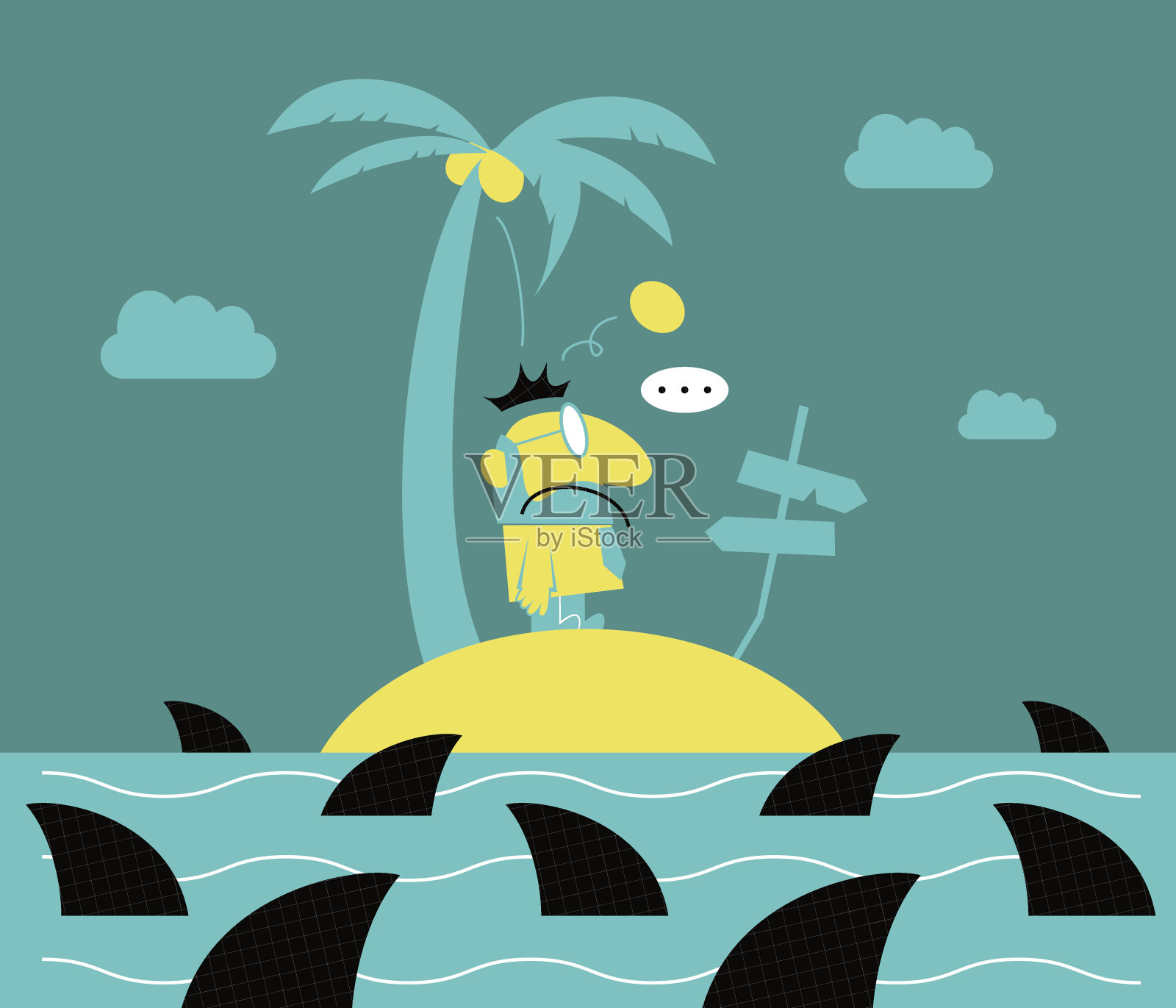 孤独的商人(留胡子的男人)站在一个小岛上，被鲨鱼包围，被椰子击中插画图片素材