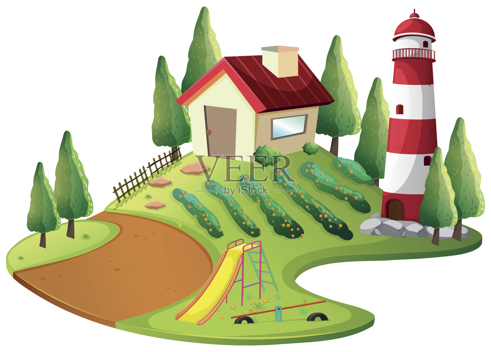 有菜园和灯塔的农舍插画图片素材