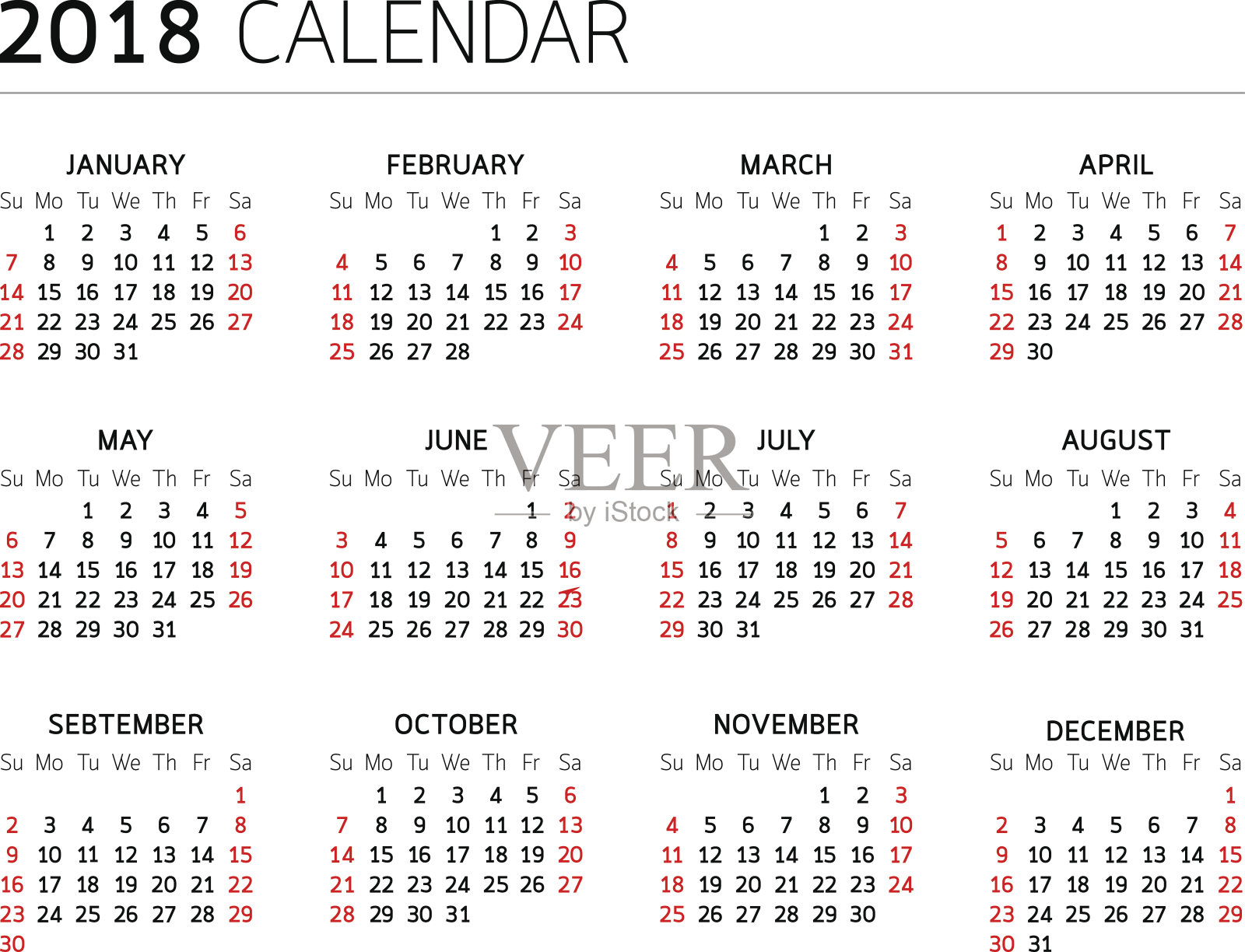 2018年白底日历。设计模板素材