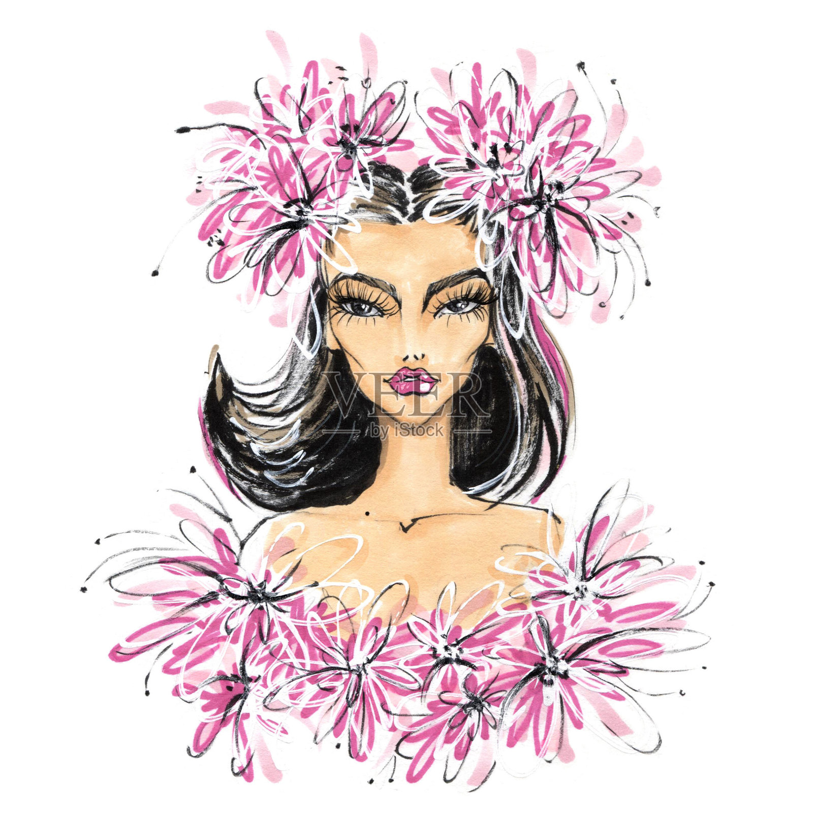 鲜花中的年轻女孩肖像插画图片素材