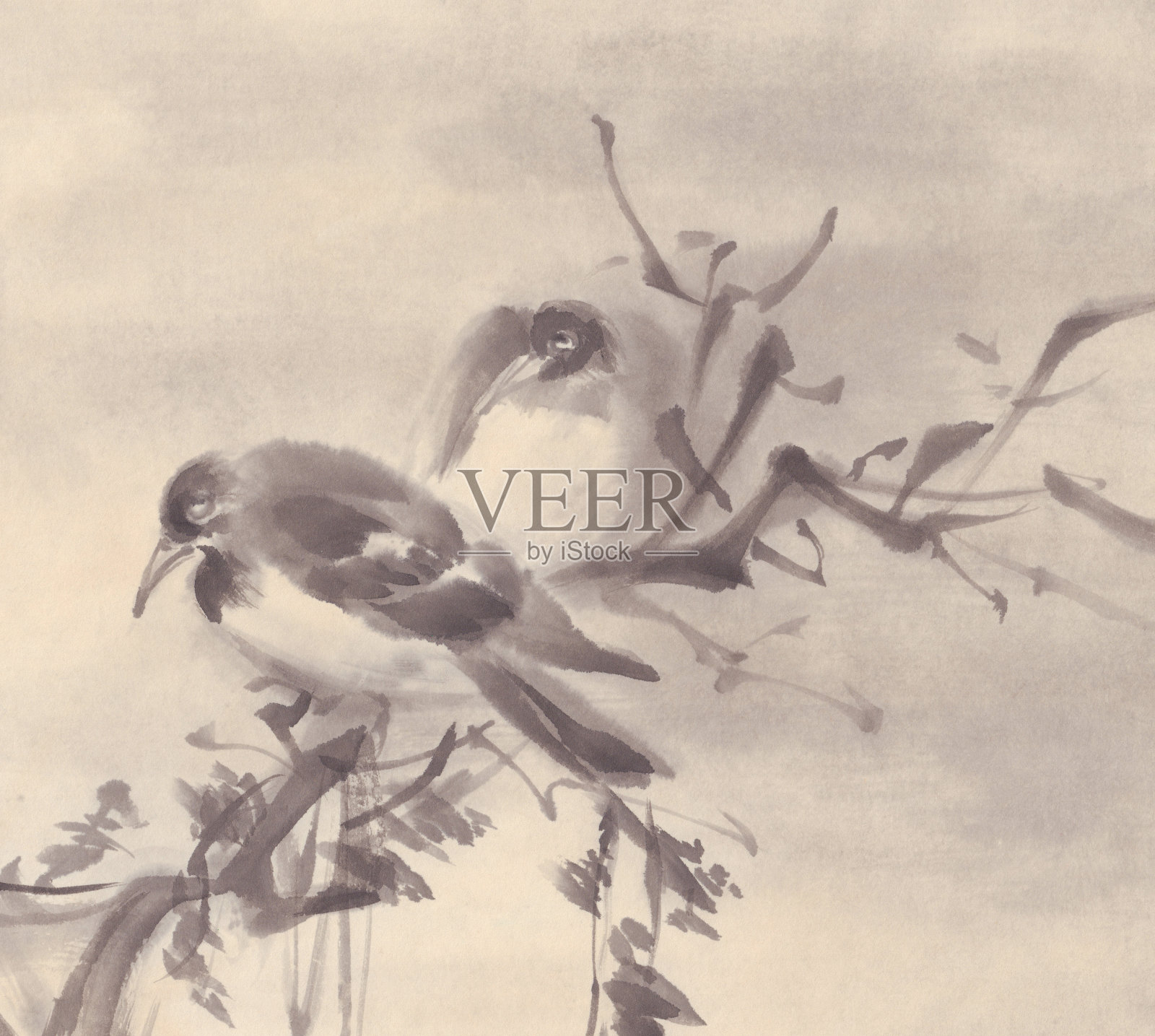 秋景树木水墨画中的鸟插画图片素材