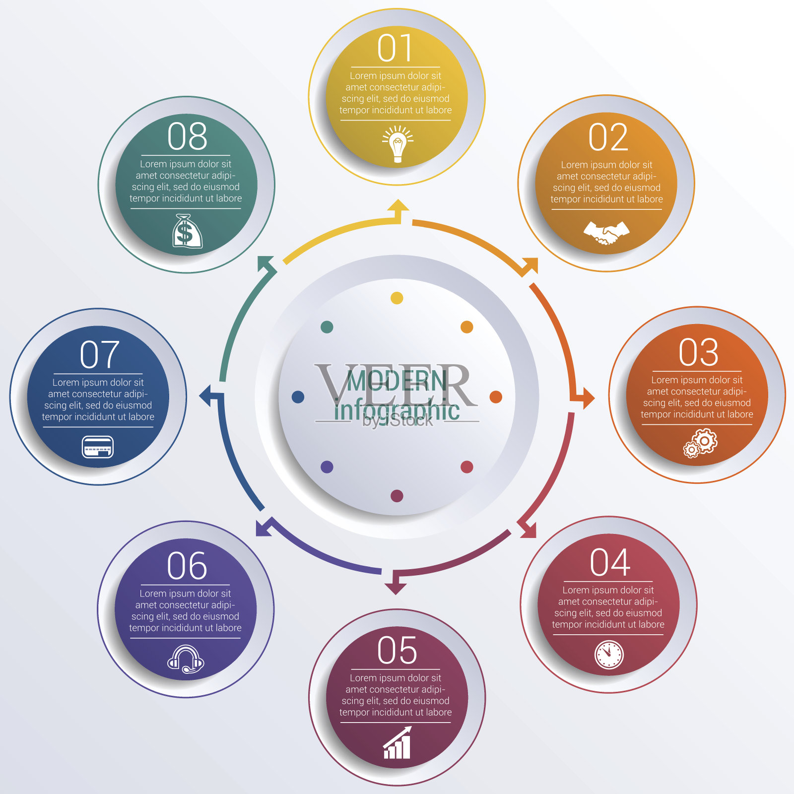 图案为信息图8位在一个圆圈中彩色的圆圈。插画图片素材