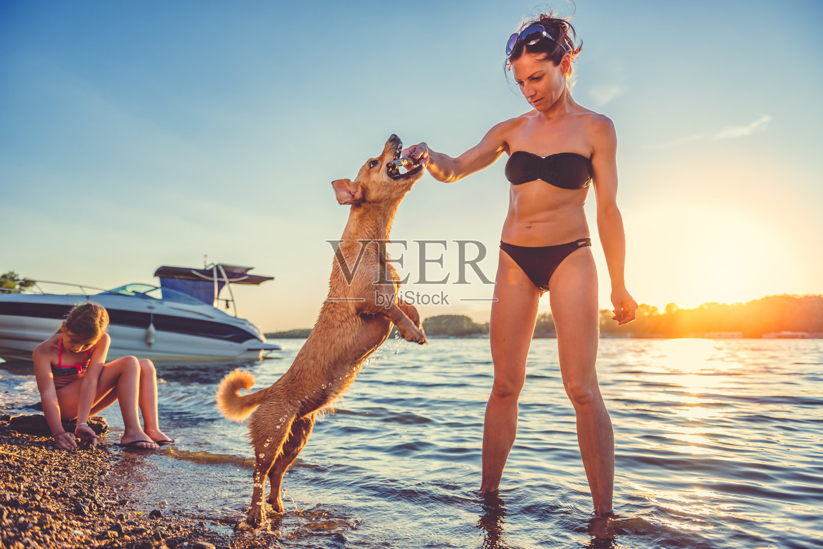 妈妈，女儿和狗在海滩上照片摄影图片