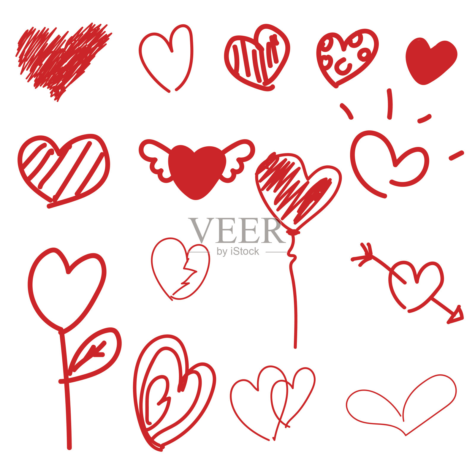 在白色背景上设置红色的涂鸦心插画图片素材