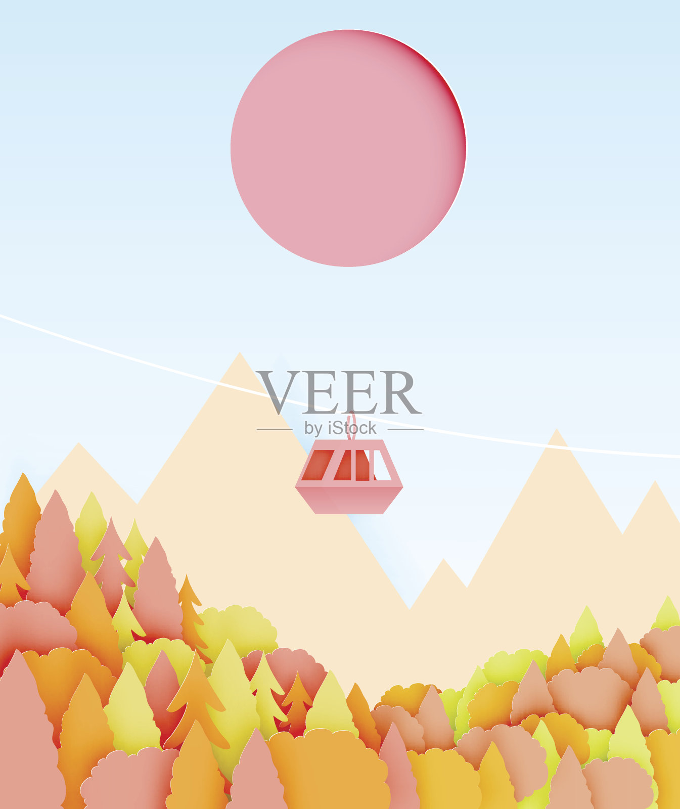 缆车纸艺术风格与美丽的景观背景插画图片素材