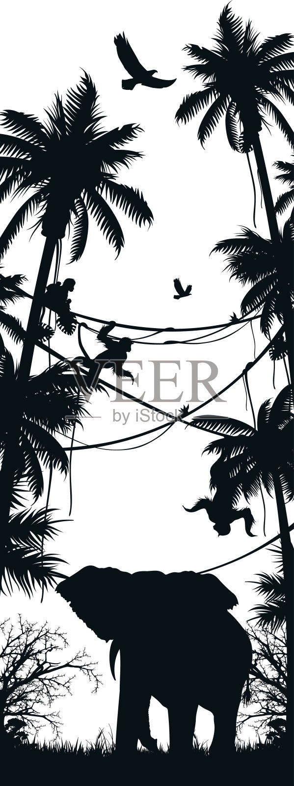 非洲野生动物在自然栖息地的剪影-公象插画图片素材