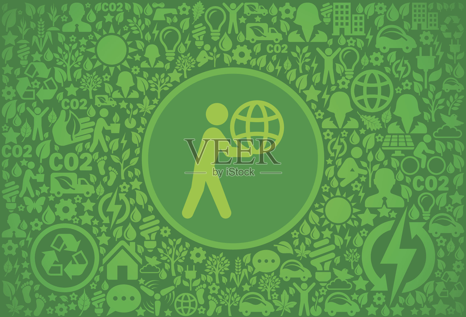 Stick Figure Carrying Globe Environment绿色矢量图标模式插画图片素材