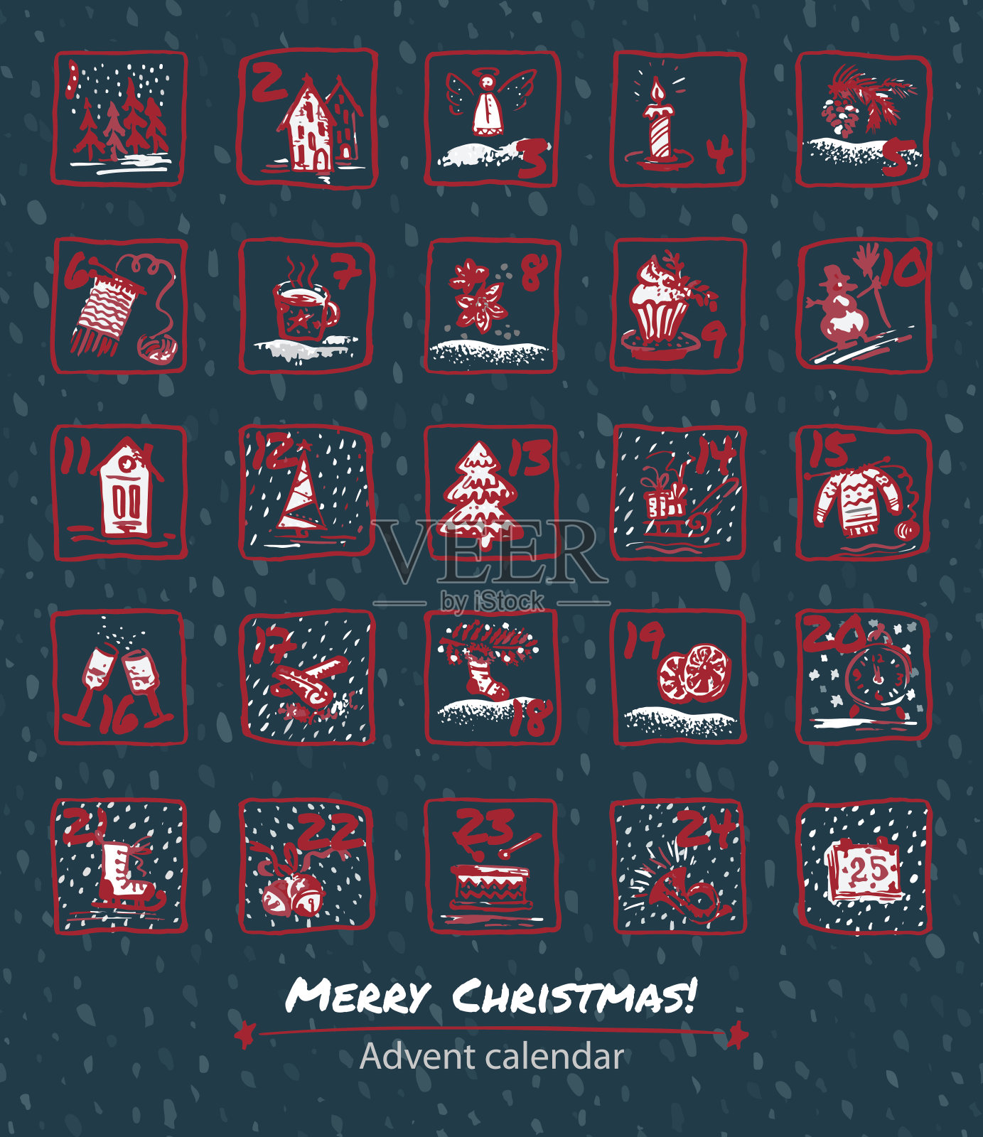 降临历25天的圣诞节。设置图标由手、墨、笔绘制插画图片素材