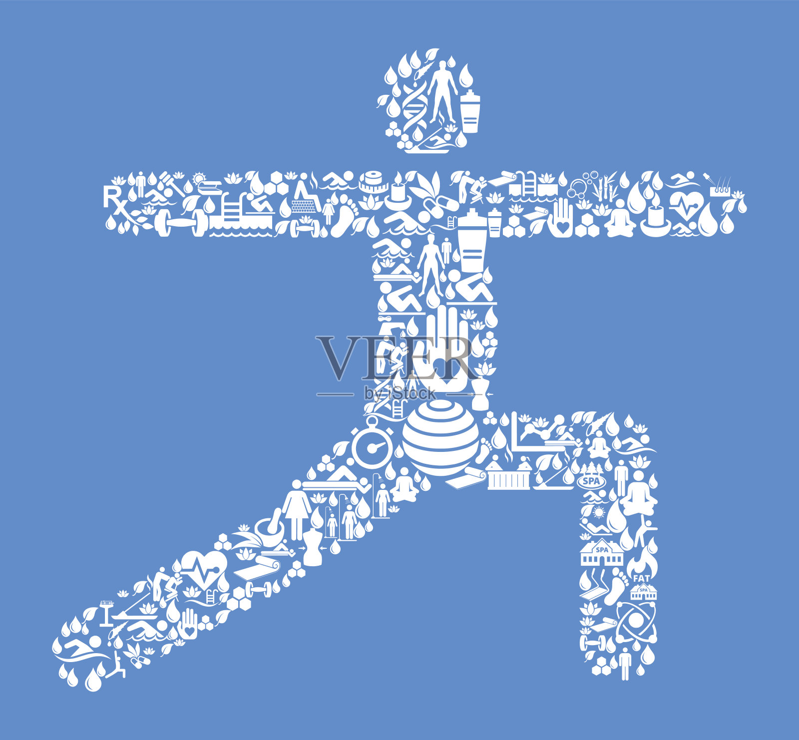 拉伸健康和健康图标设置蓝色背景插画图片素材