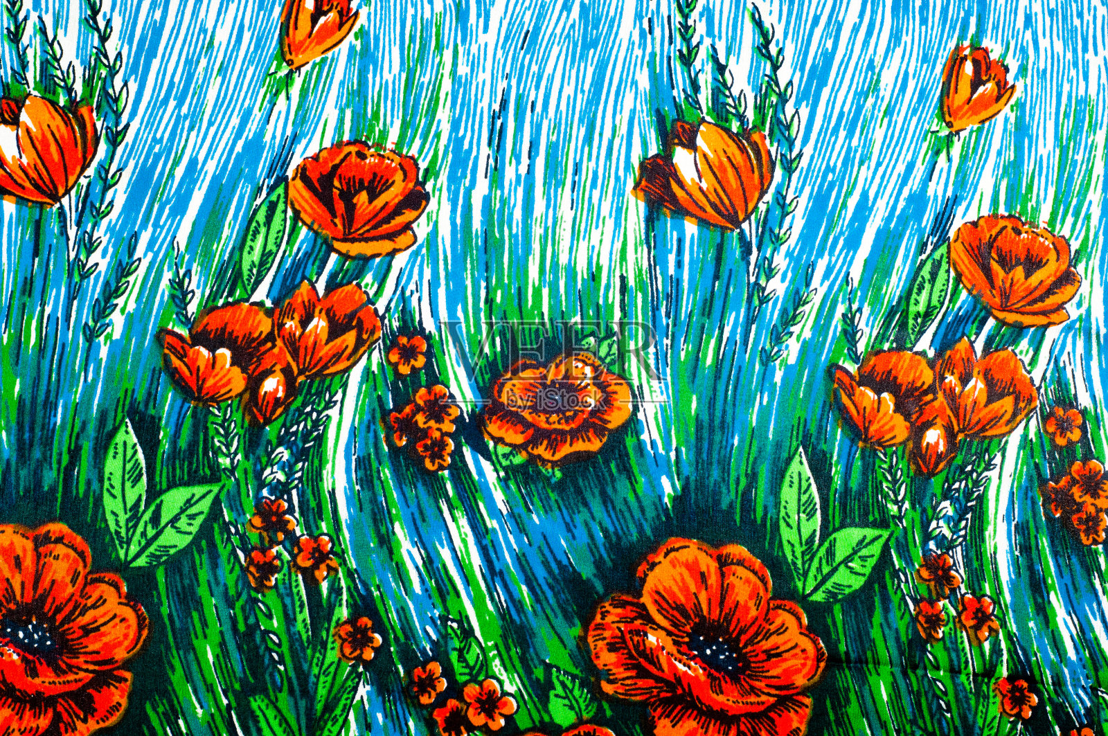 丝绸质地，背景，绘花罂粟插画图片素材