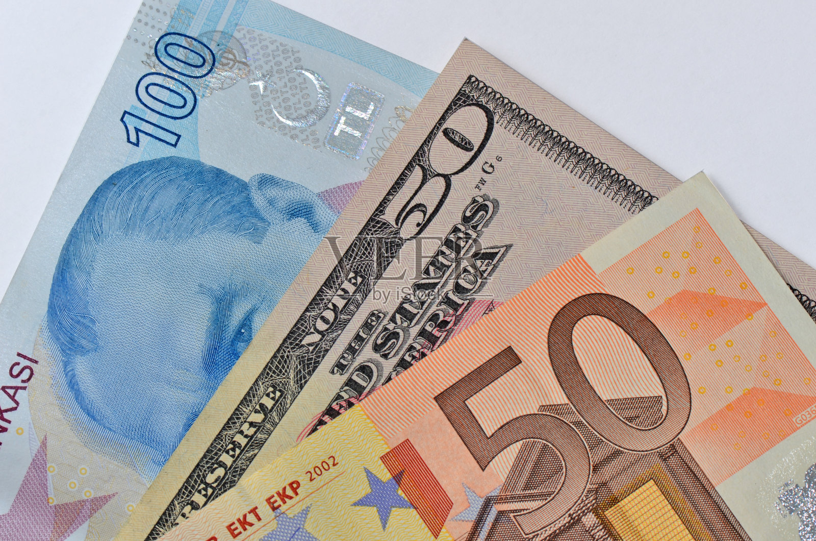 接近土耳其里拉，欧元和美元钞票照片摄影图片