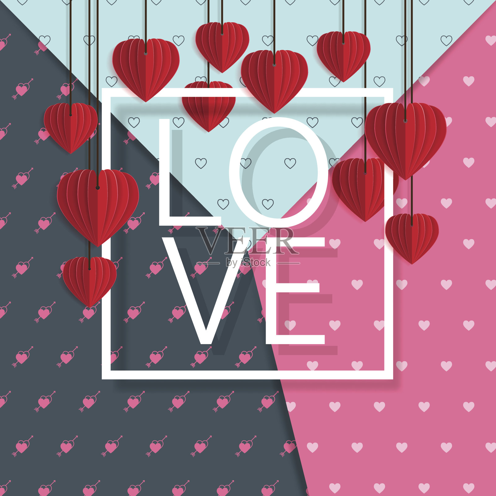 挂着以爱情为背景的折纸心。插画图片素材