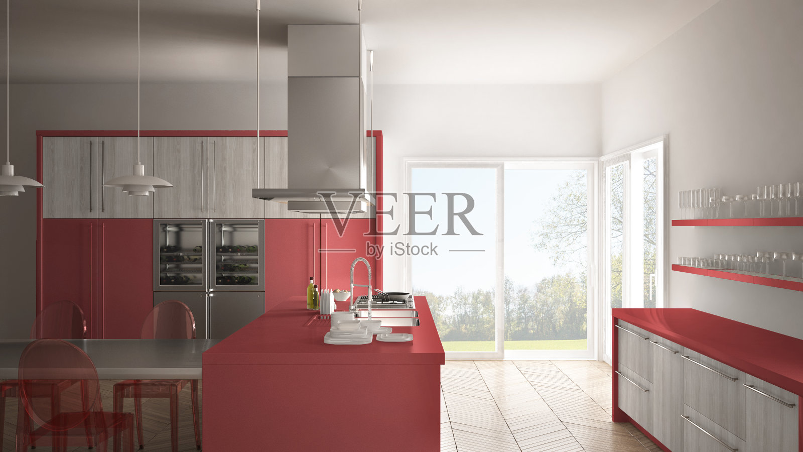 简约的现代厨房，有桌子，椅子和拼花地板，白色和红色的室内设计照片摄影图片