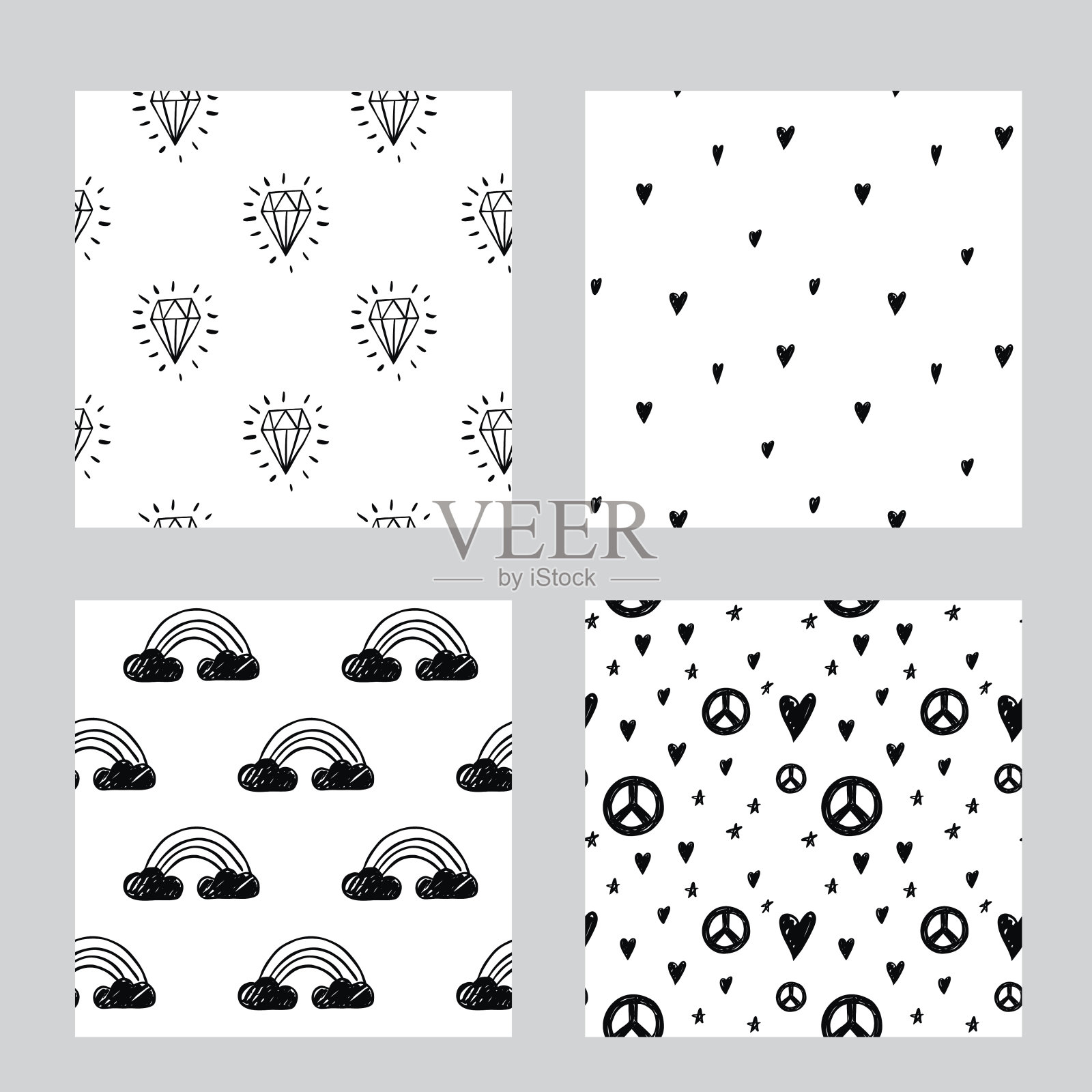 手绘钻石心形彩虹星星矢量无缝图案插画图片素材