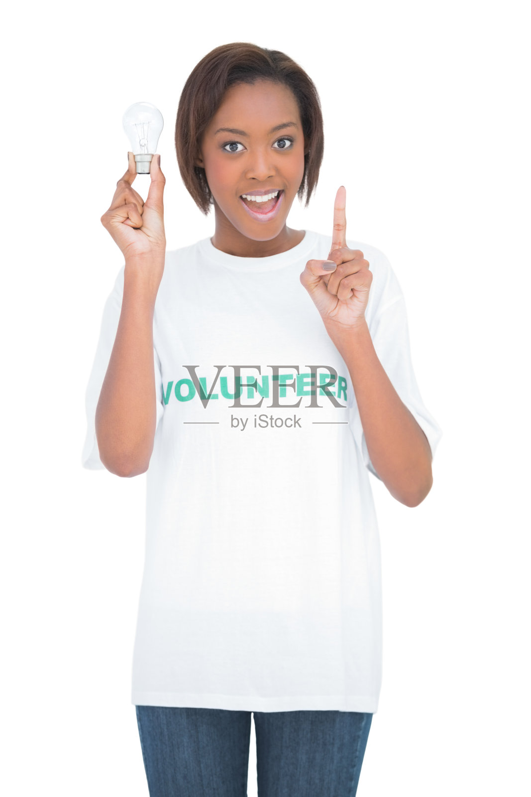 拿着灯泡的女人竖起了手指照片摄影图片