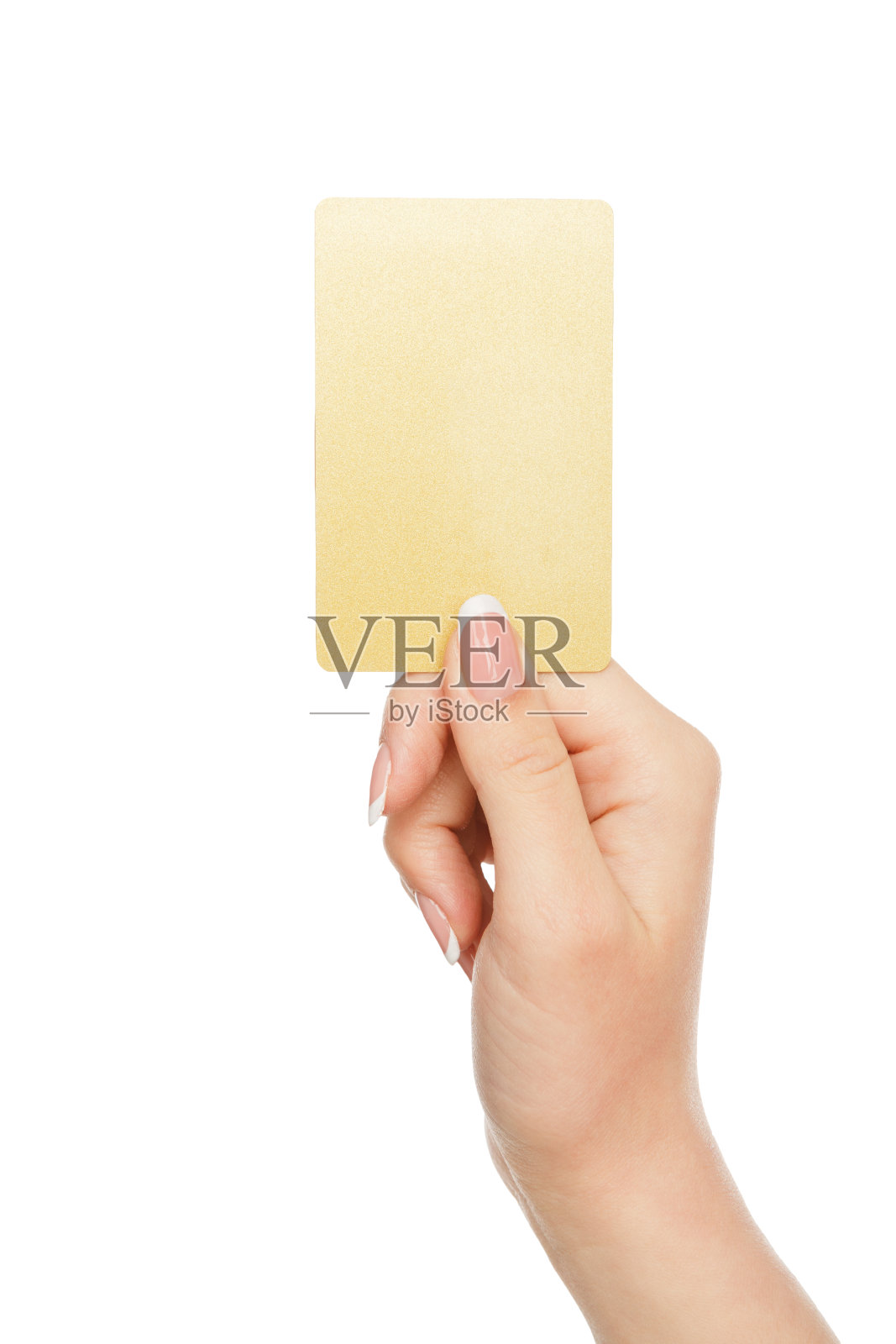 女手捧塑料卡，裁切照片摄影图片