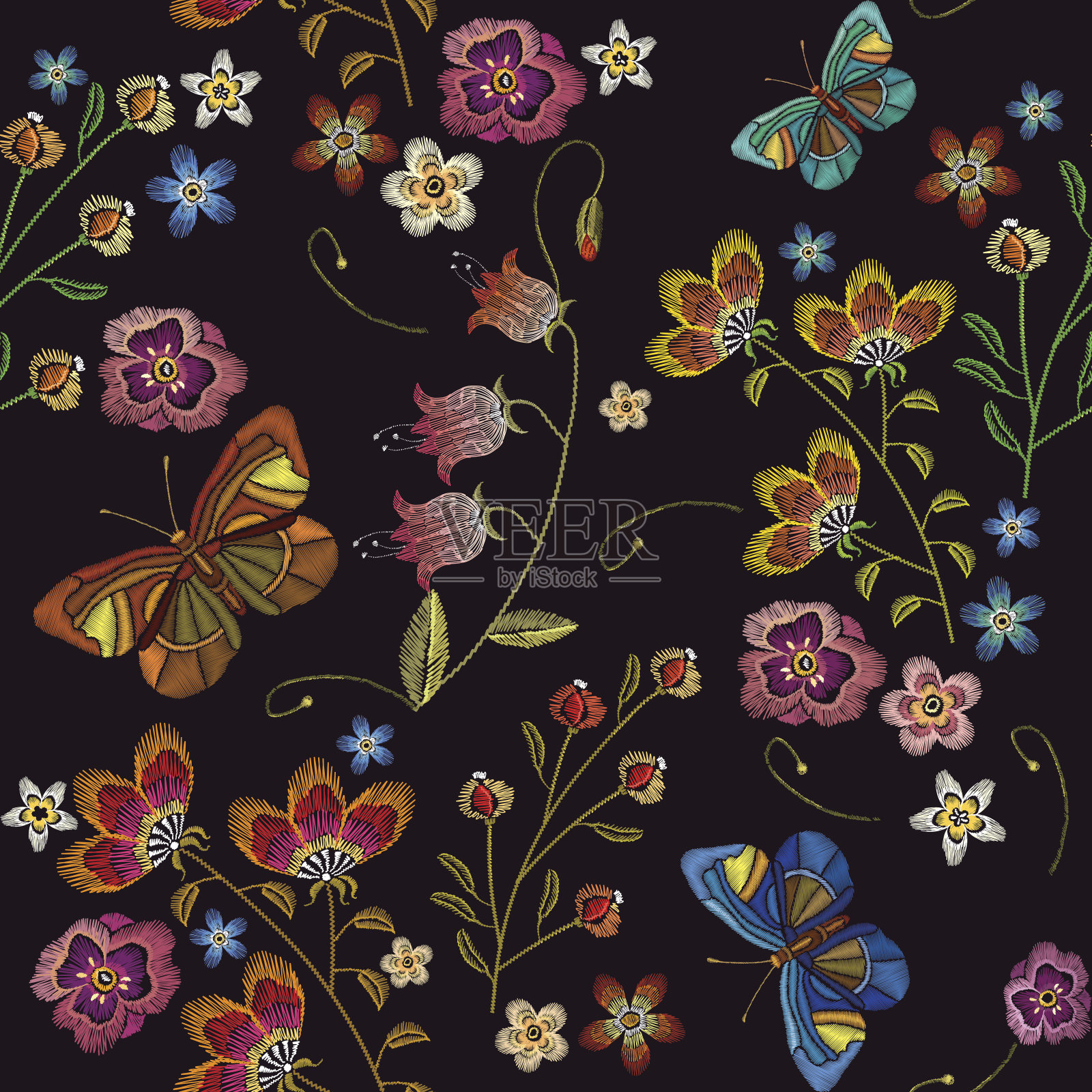 刺绣花和蝴蝶无缝图案。时尚的服装设计模板。美丽的洋甘菊和蝴蝶，矢车菊，经典刺绣无缝背景，t恤设计插画图片素材