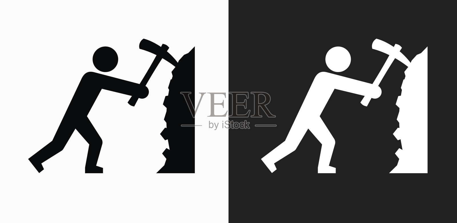 Stick Figure Mining Icon on Black and White Vector背景插画图片素材
