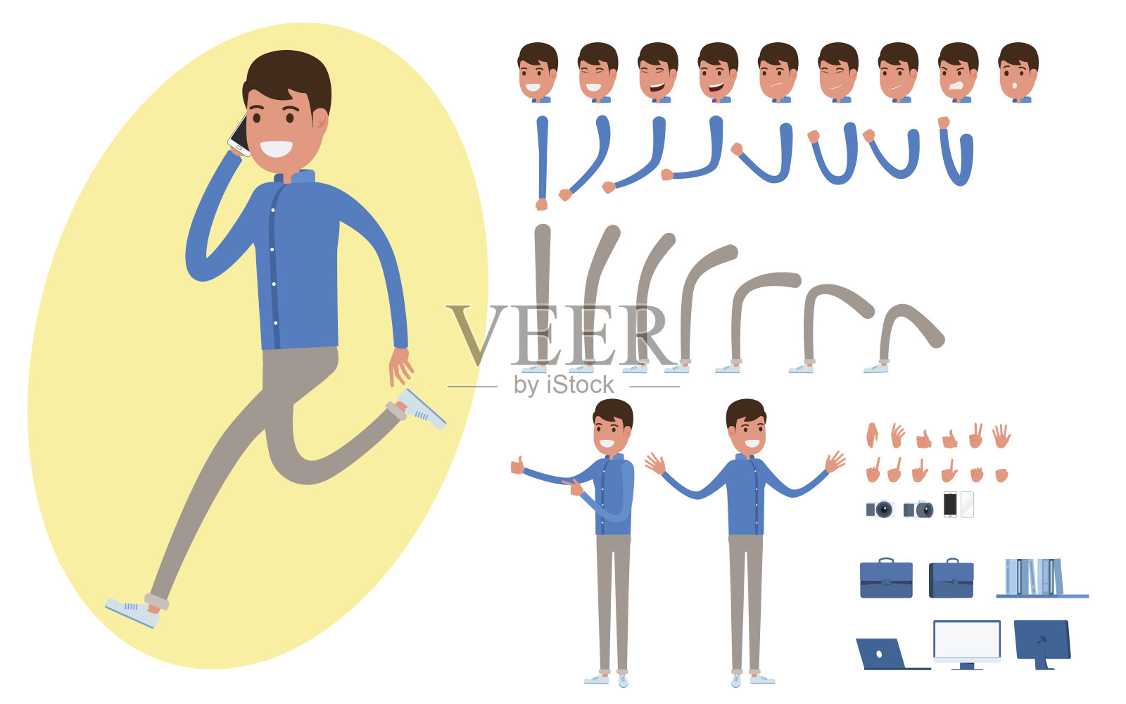 商人角色创建设置动画。身体模板的部分。商人使用智能手机。插画图片素材