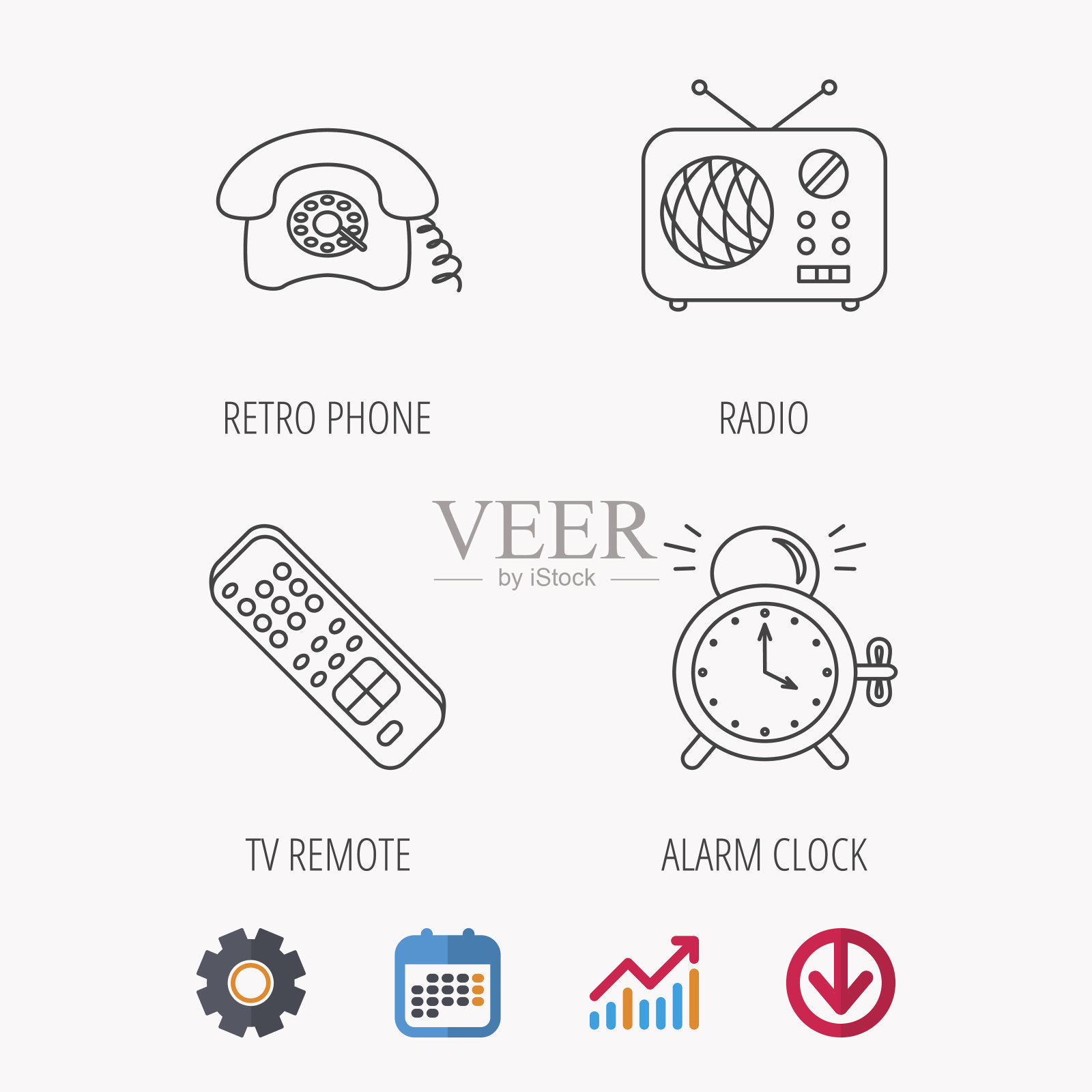 复古的手机，收音机和电视遥控器图标。图标素材