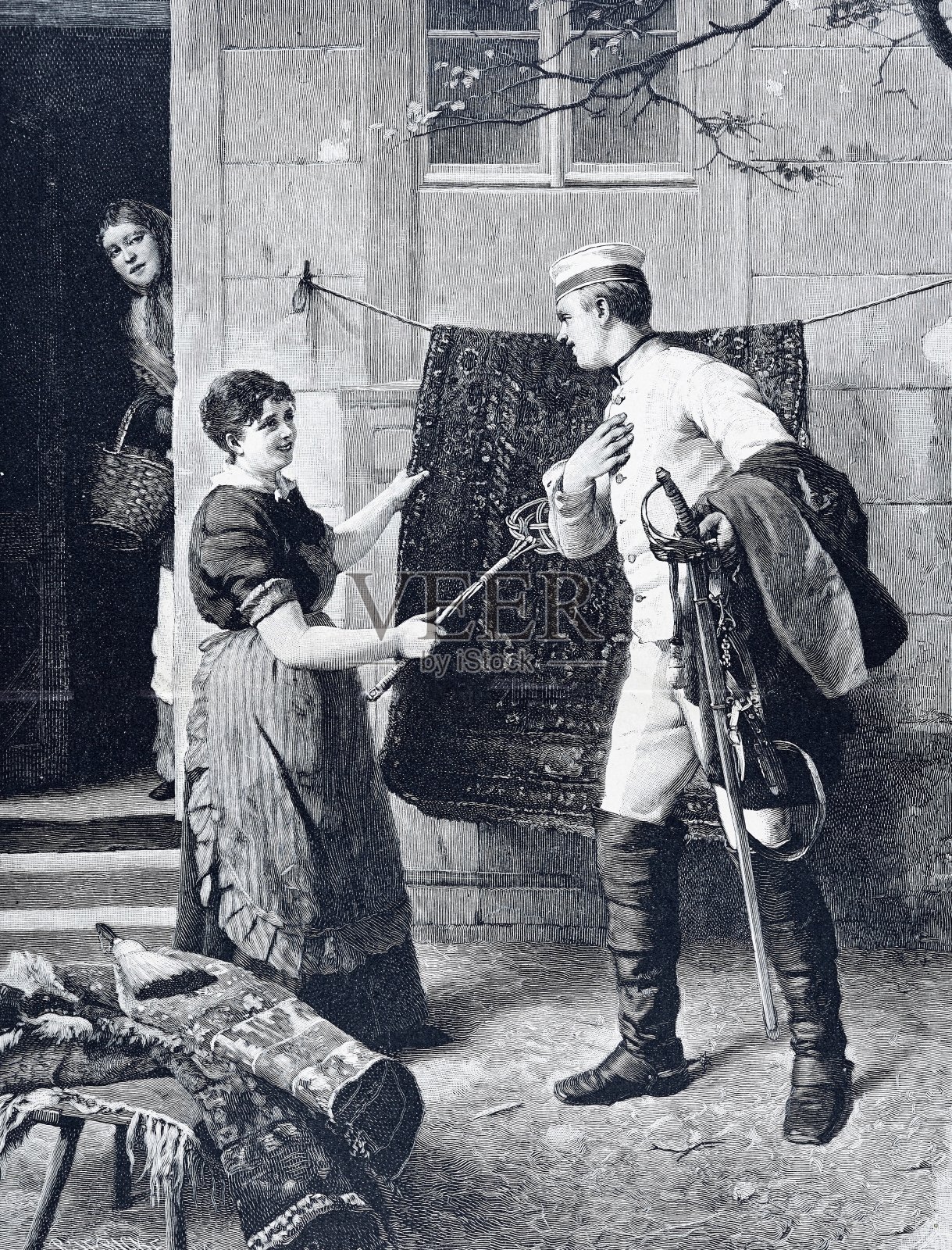 在户外做家务时，手持剑的士兵在和家庭主妇说话插画图片素材