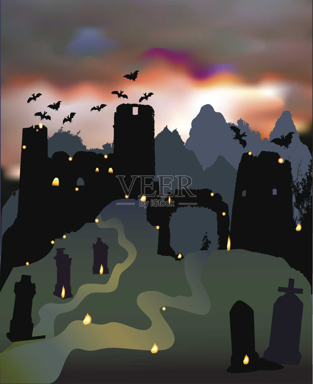 黑暗可怕的万圣节景观，城堡的废墟，门，墓地，蝙蝠和戏剧性的天空插画图片素材