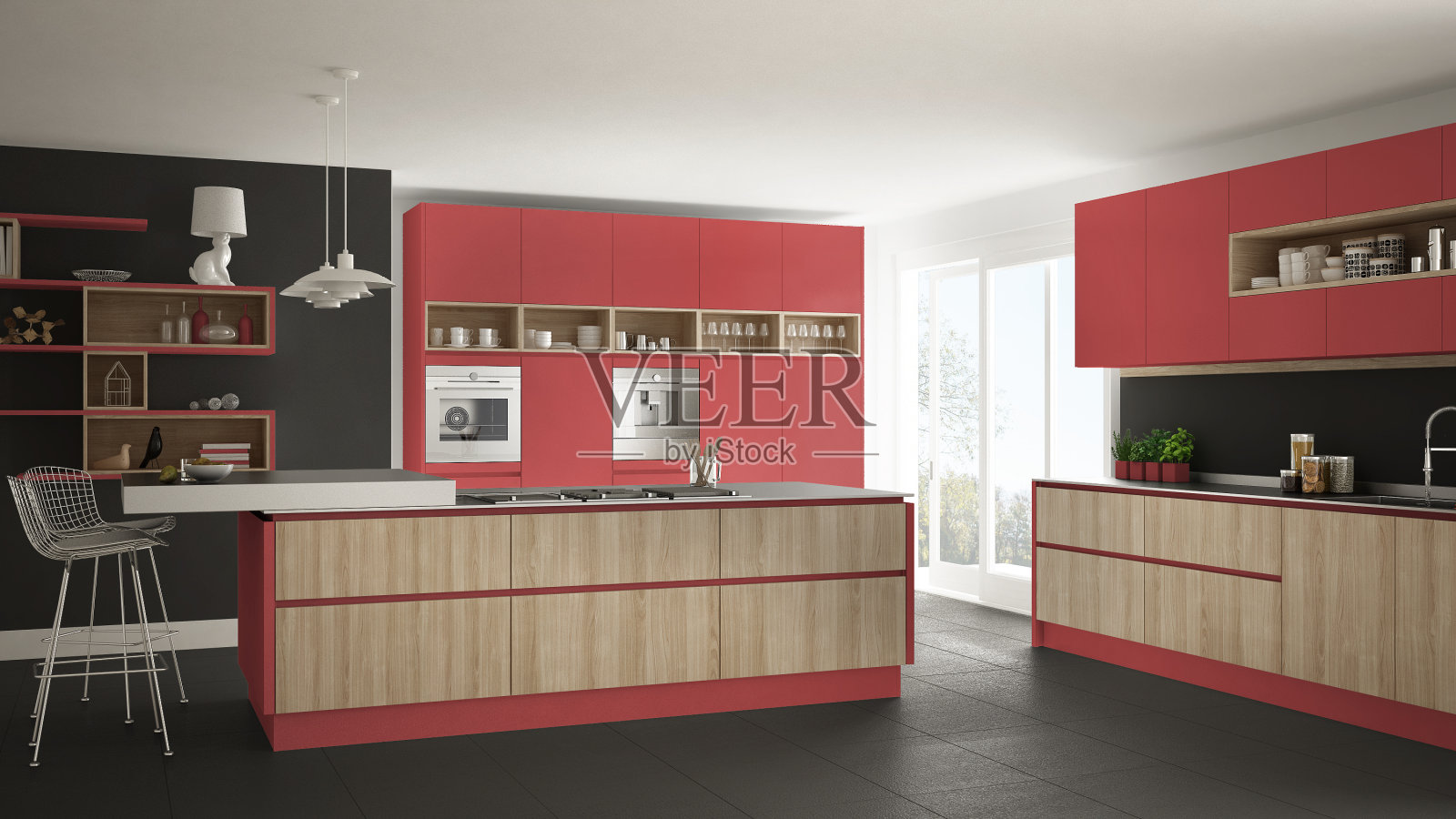 现代白色厨房与木制和红色的细节，简约的室内设计照片摄影图片